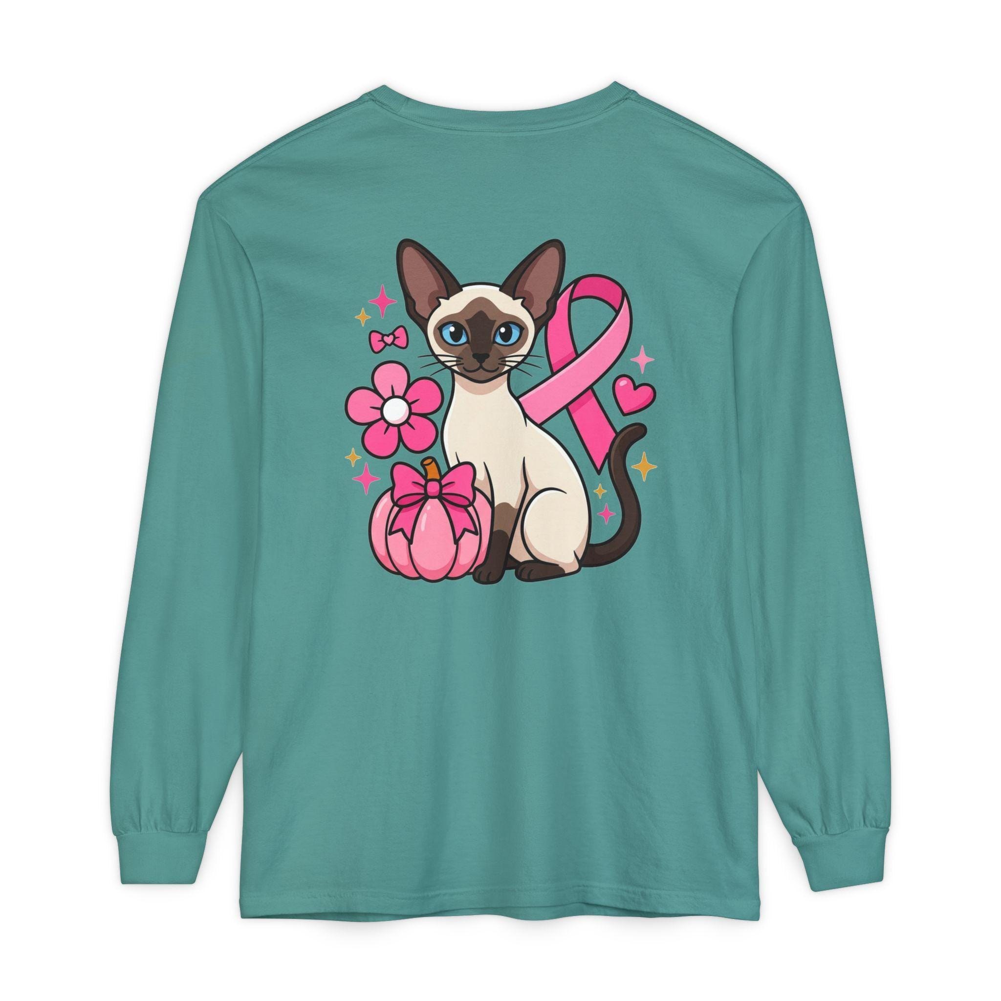 Siamese Cat Shirt, 100% Cotton Long Sleeve with Pink Ribbon, image 11