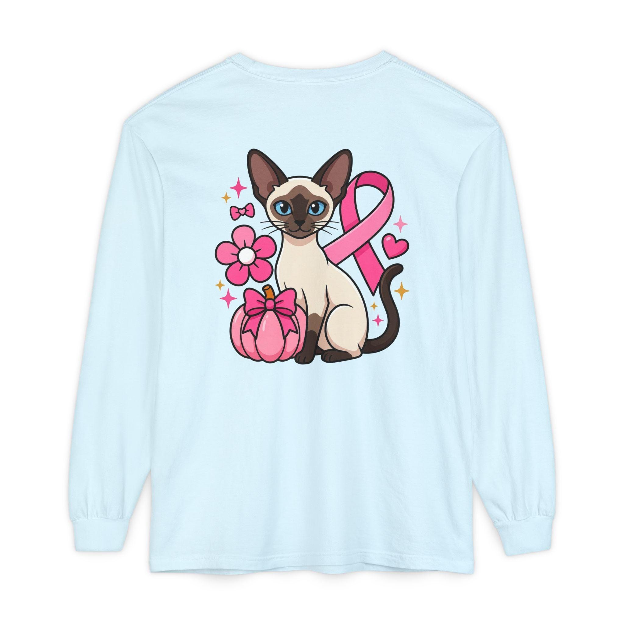 Siamese Cat Shirt, 100% Cotton Long Sleeve with Pink Ribbon, image 13