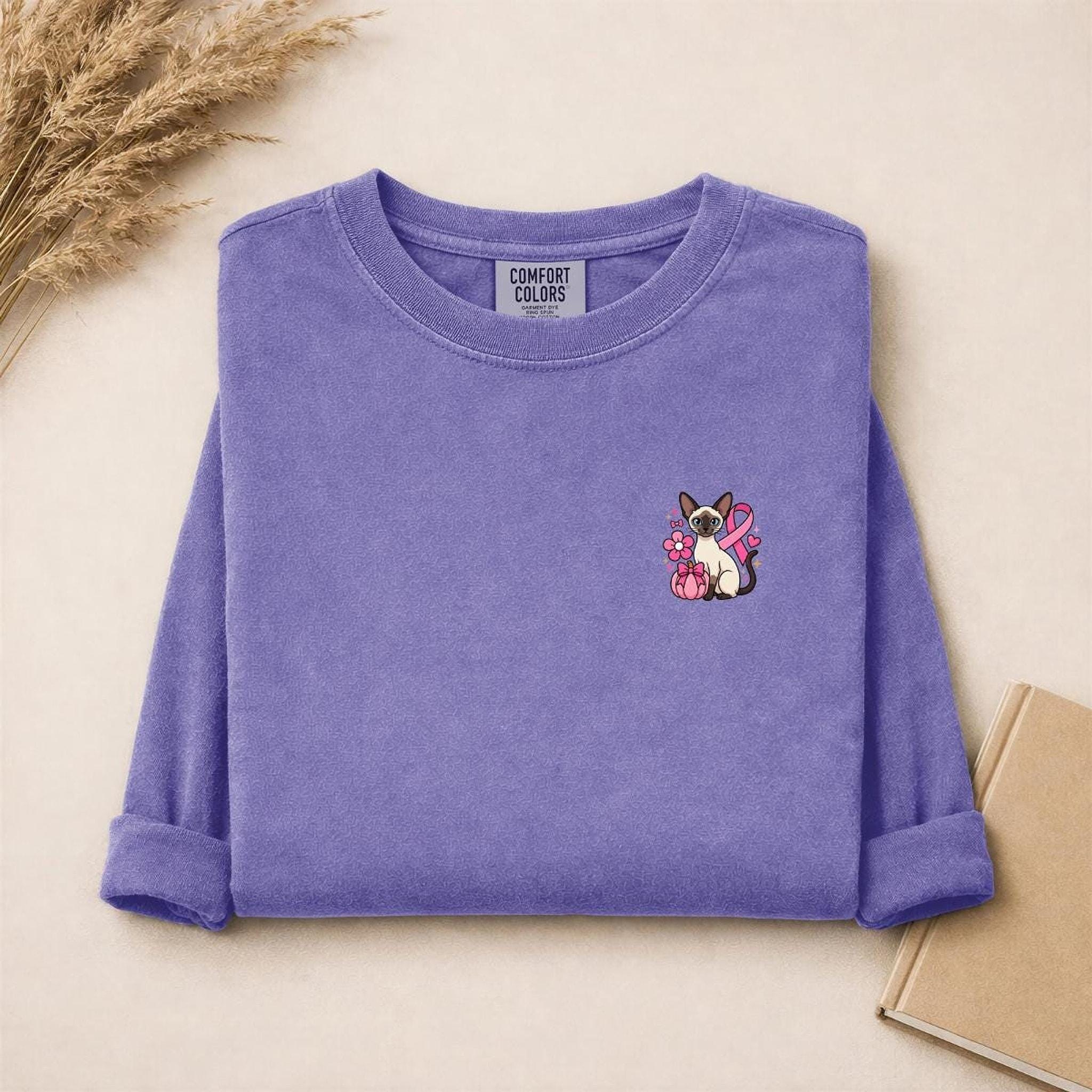 Siamese Cat Shirt, 100% Cotton Long Sleeve with Pink Ribbon, image 14