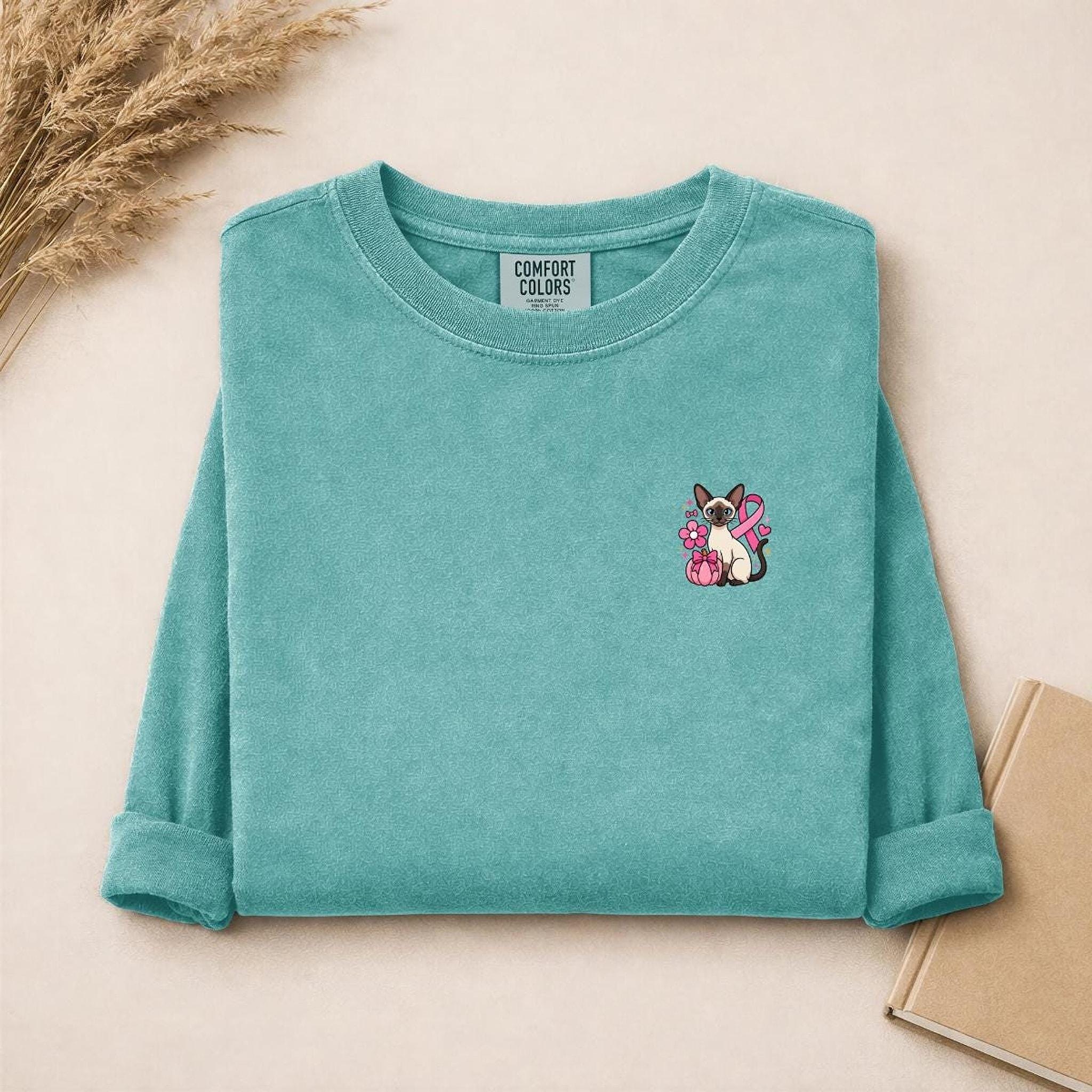 Siamese Cat Shirt, 100% Cotton Long Sleeve with Pink Ribbon, image 15