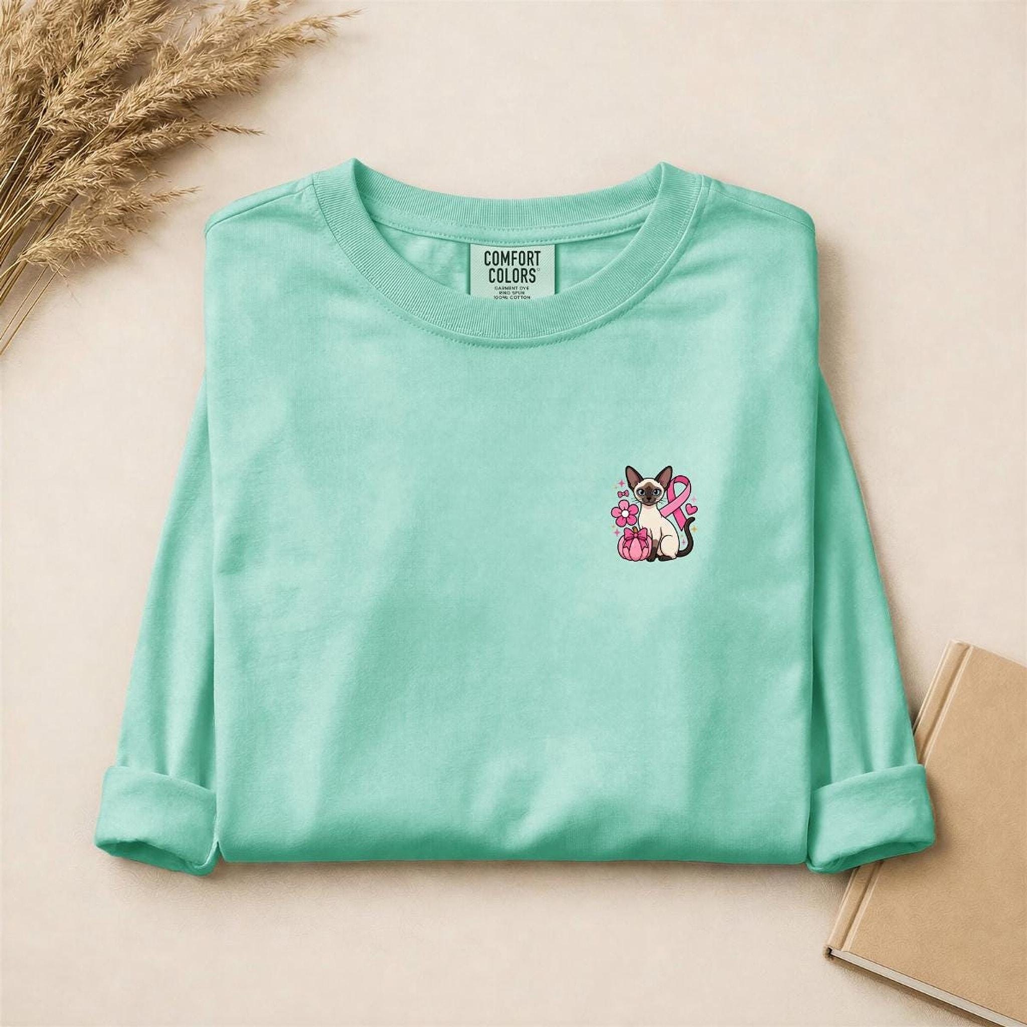 Siamese Cat Shirt, 100% Cotton Long Sleeve with Pink Ribbon, image 16