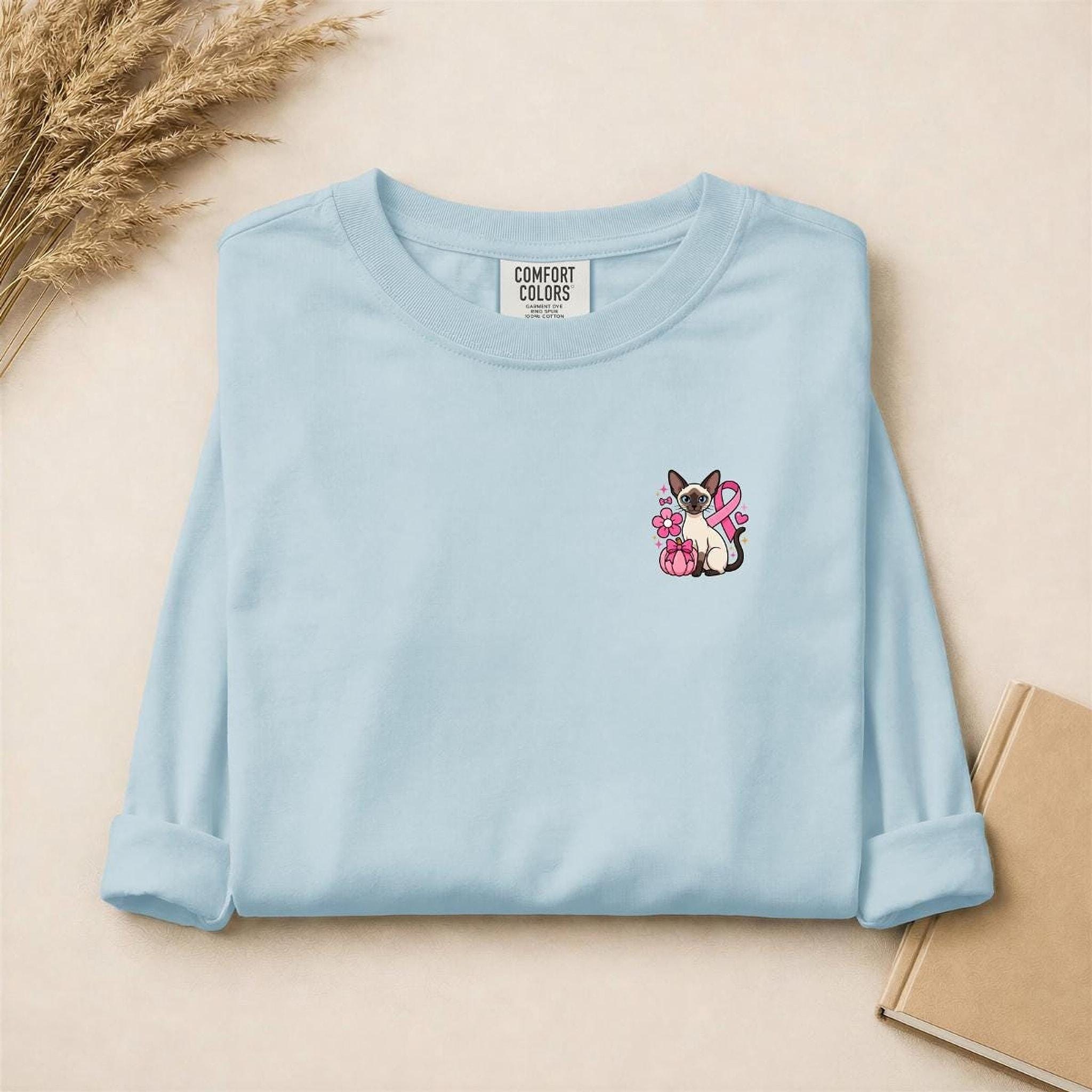 Siamese Cat Shirt, 100% Cotton Long Sleeve with Pink Ribbon, image 17