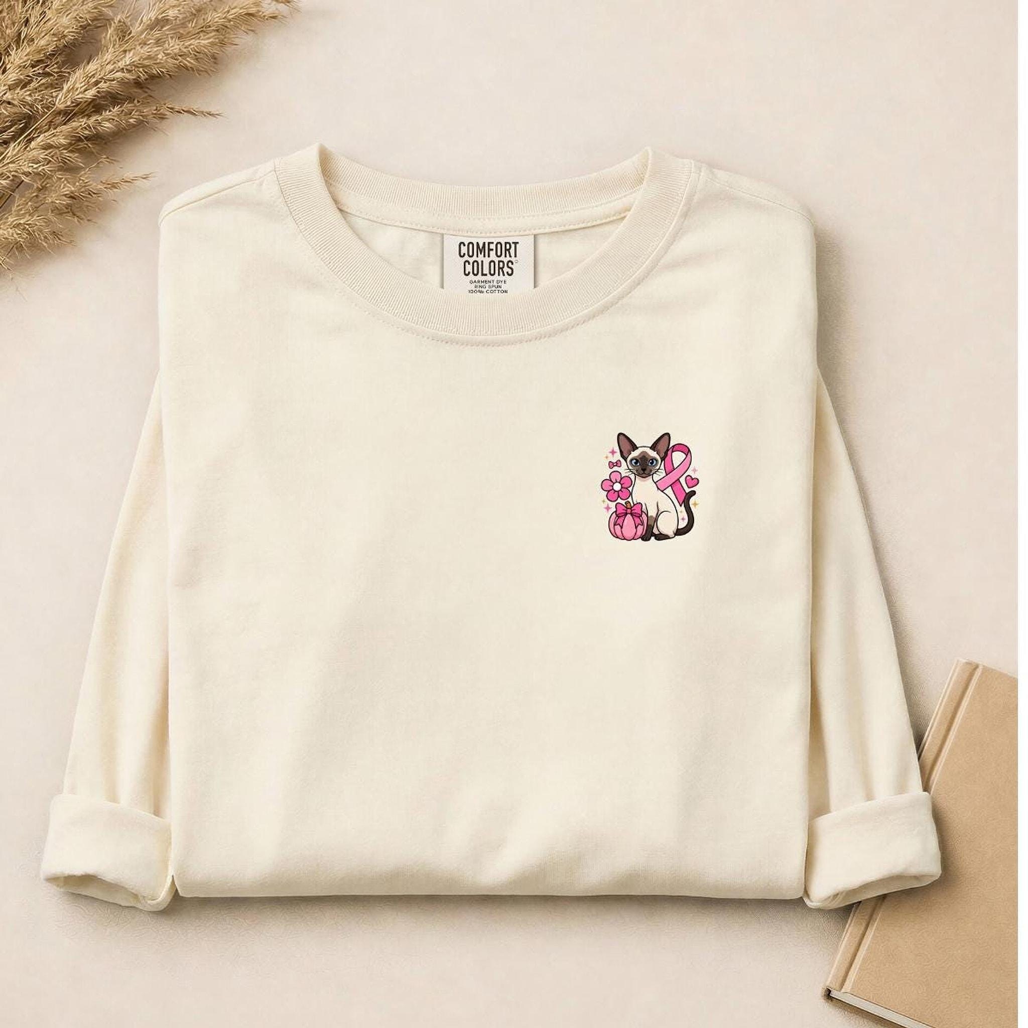 Siamese Cat Shirt, 100% Cotton Long Sleeve with Pink Ribbon, image 18