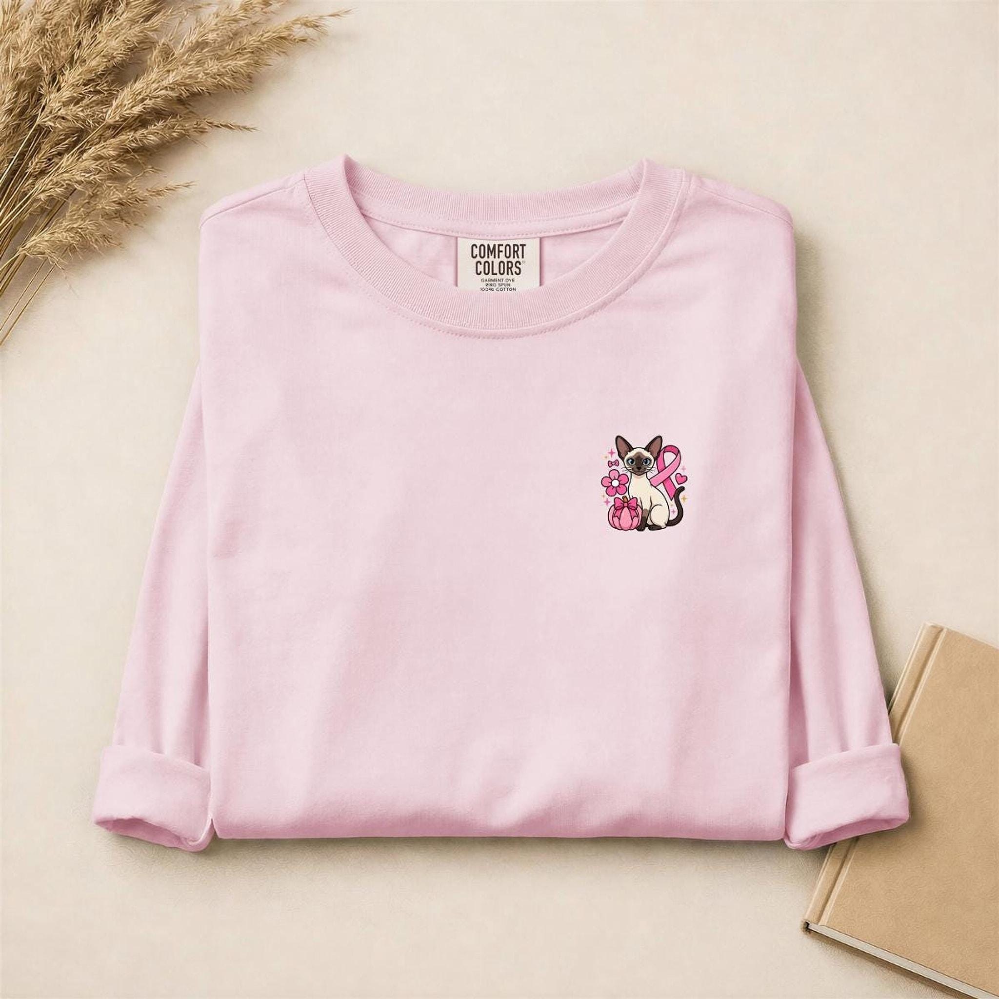 Siamese Cat Shirt, 100% Cotton Long Sleeve with Pink Ribbon, image 19