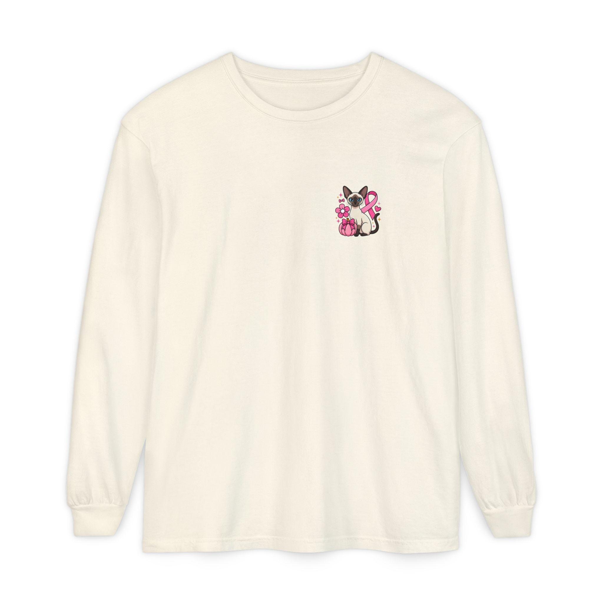 Siamese Cat Shirt, 100% Cotton Long Sleeve with Pink Ribbon, image 2