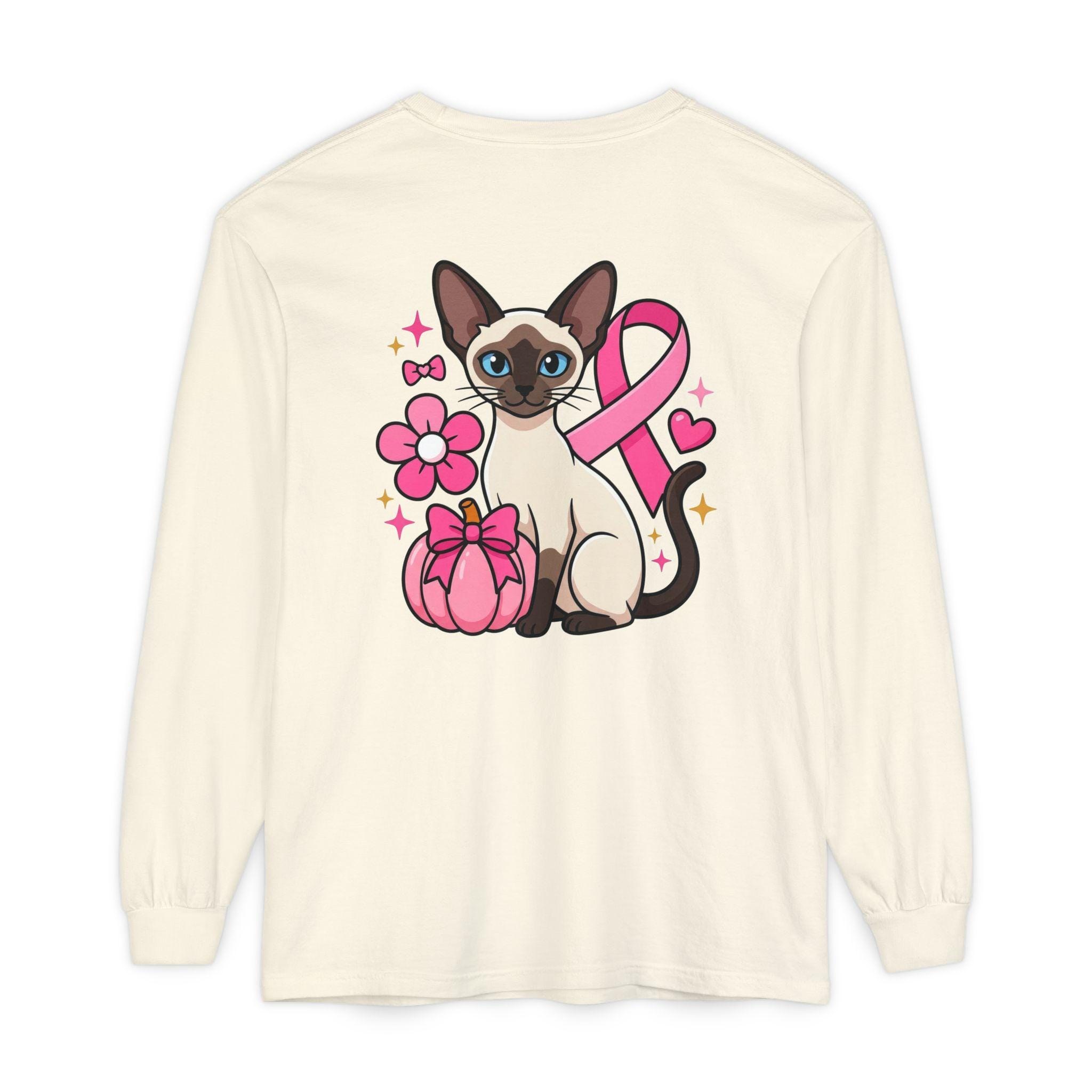 Siamese Cat Shirt, 100% Cotton Long Sleeve with Pink Ribbon, image 3