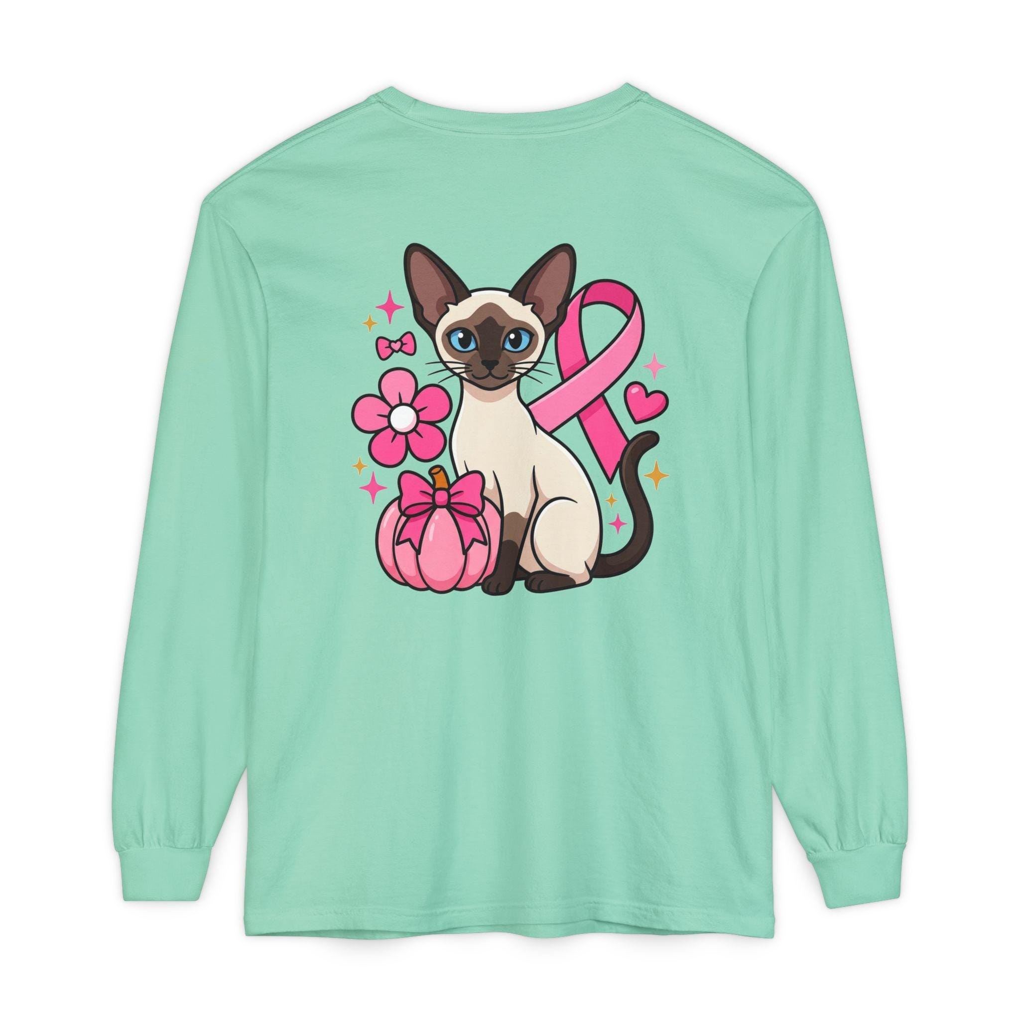 Siamese Cat Shirt, 100% Cotton Long Sleeve with Pink Ribbon, image 5