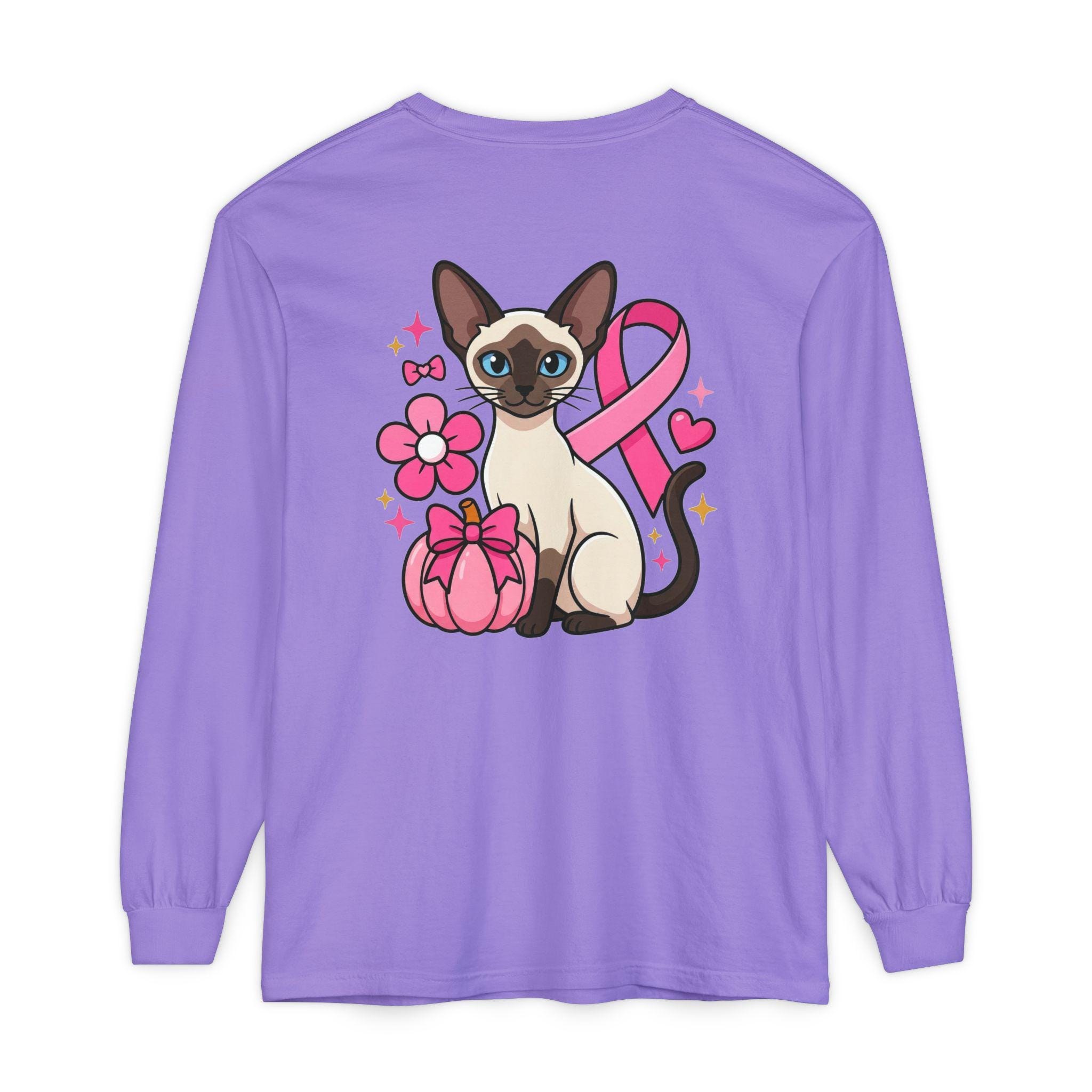 Siamese Cat Shirt, 100% Cotton Long Sleeve with Pink Ribbon, image 7