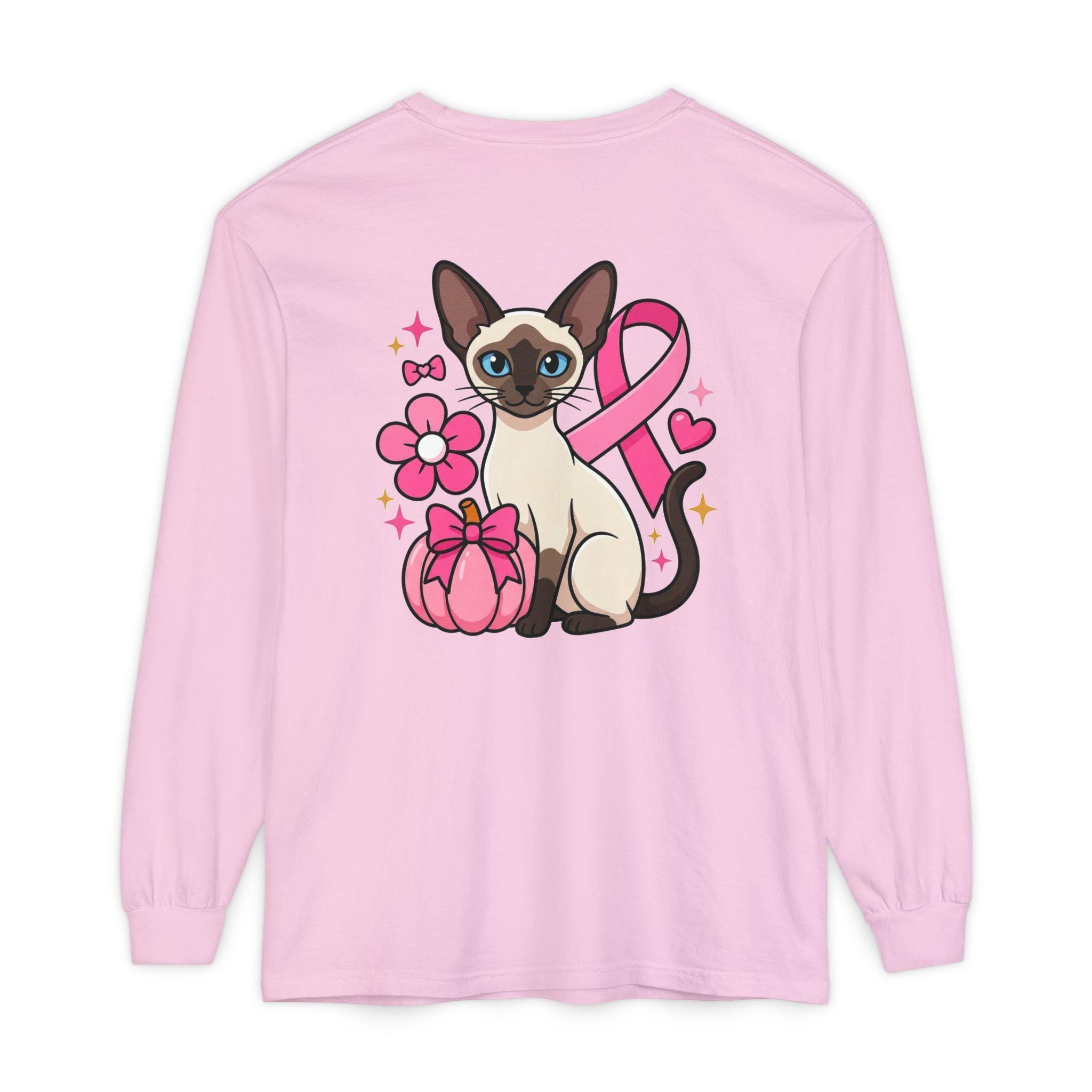 Siamese Cat Shirt, 100% Cotton Long Sleeve with Pink Ribbon, image 9