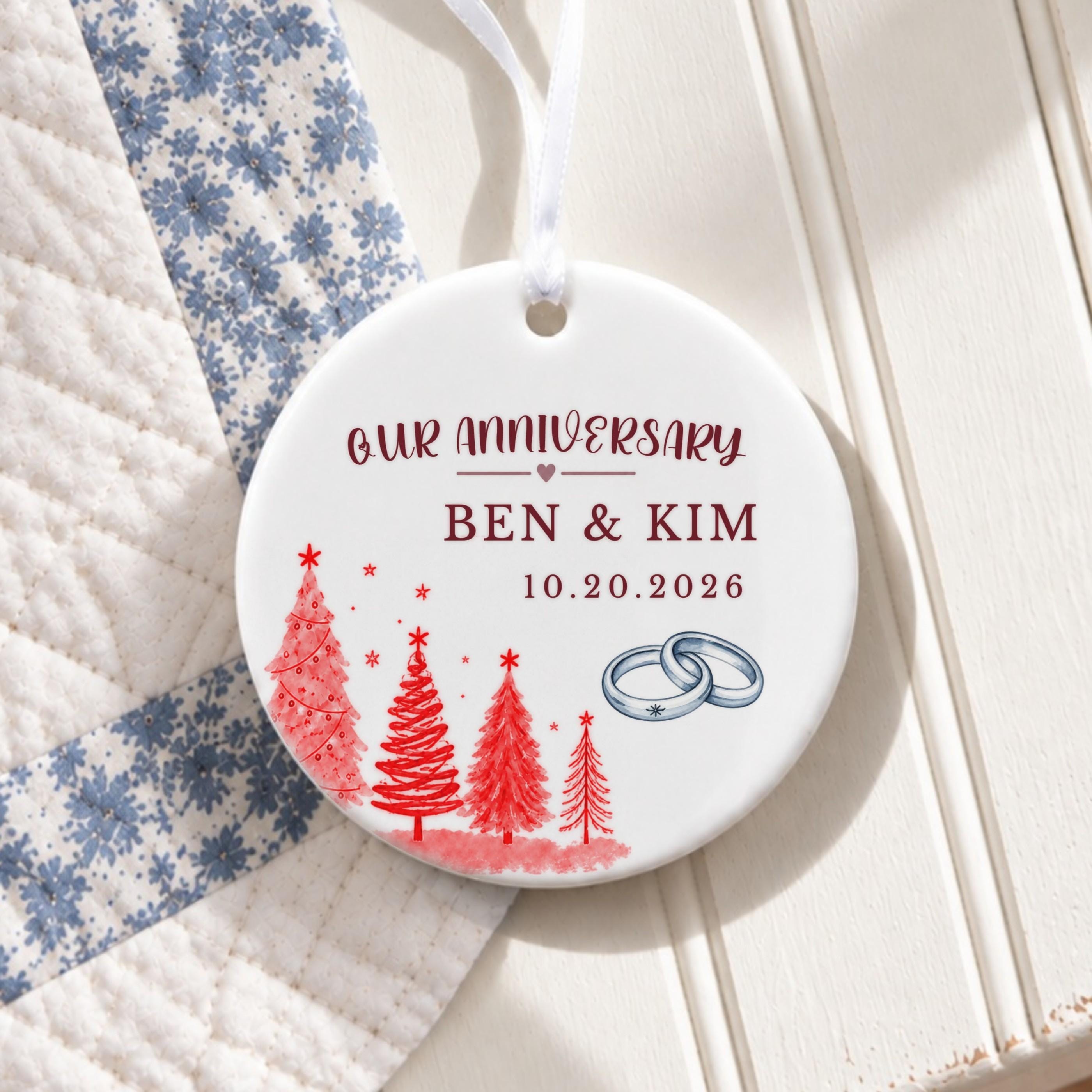 Anniversary Ornament, Personalized Ceramic Couple Keepsake with Names and Date