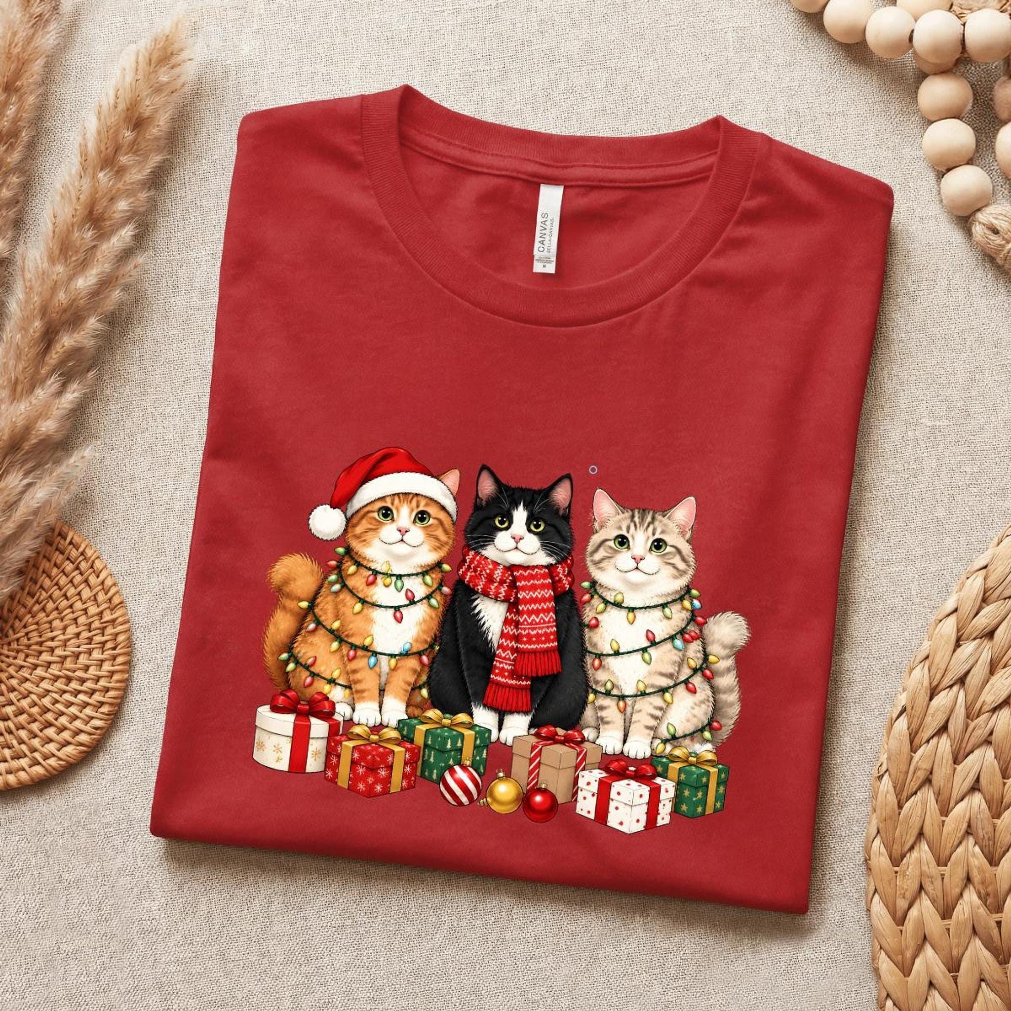 Christmas Cat Tee, 100% Airlume Cotton Three Cats Holiday Shirt