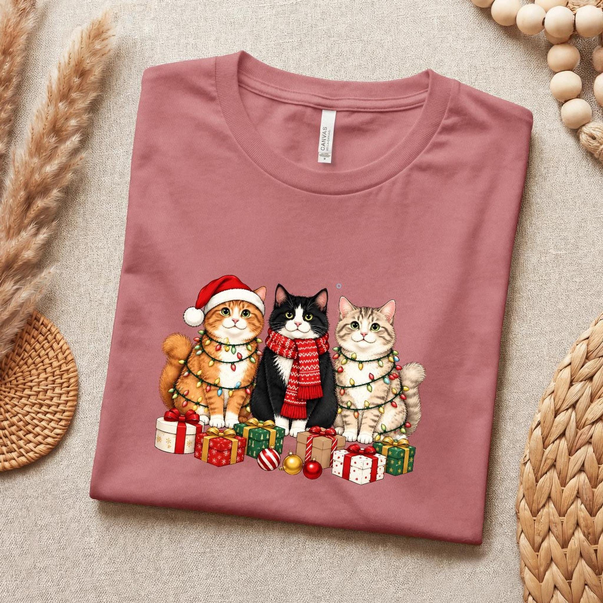 Christmas Cat Tee, 100% Airlume Cotton Three Cats Holiday Shirt, image 2