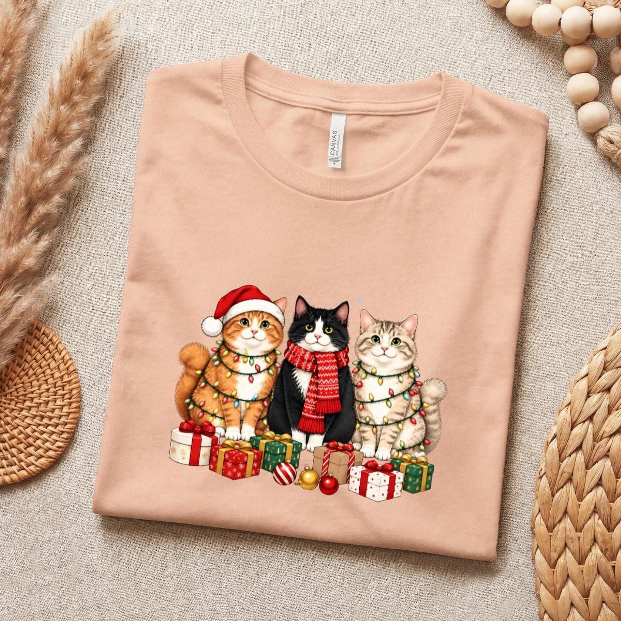 Christmas Cat Tee, 100% Airlume Cotton Three Cats Holiday Shirt, image 3