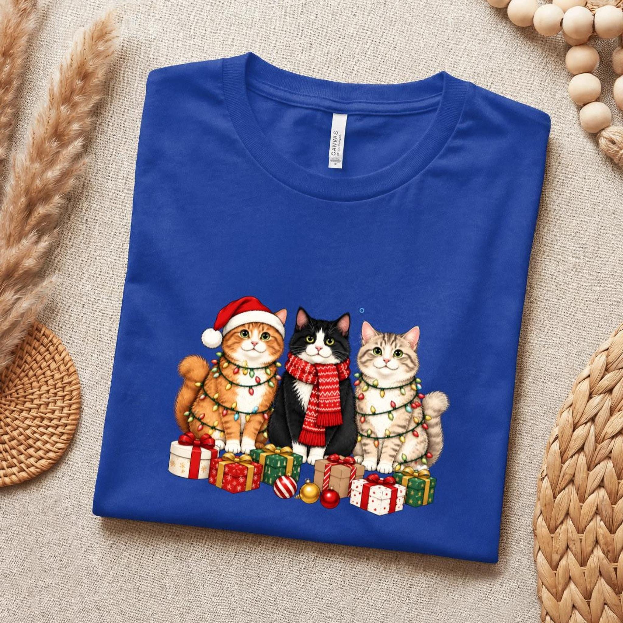 Christmas Cat Tee, 100% Airlume Cotton Three Cats Holiday Shirt, image 4