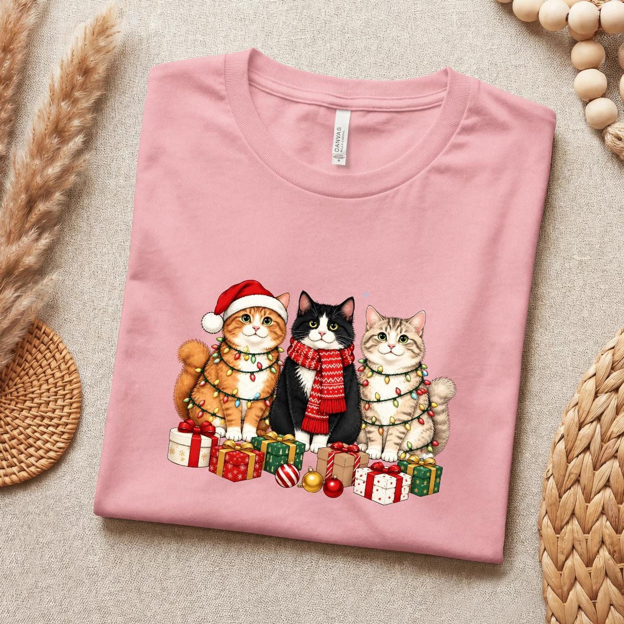 Christmas Cat Tee, 100% Airlume Cotton Three Cats Holiday Shirt, image 5
