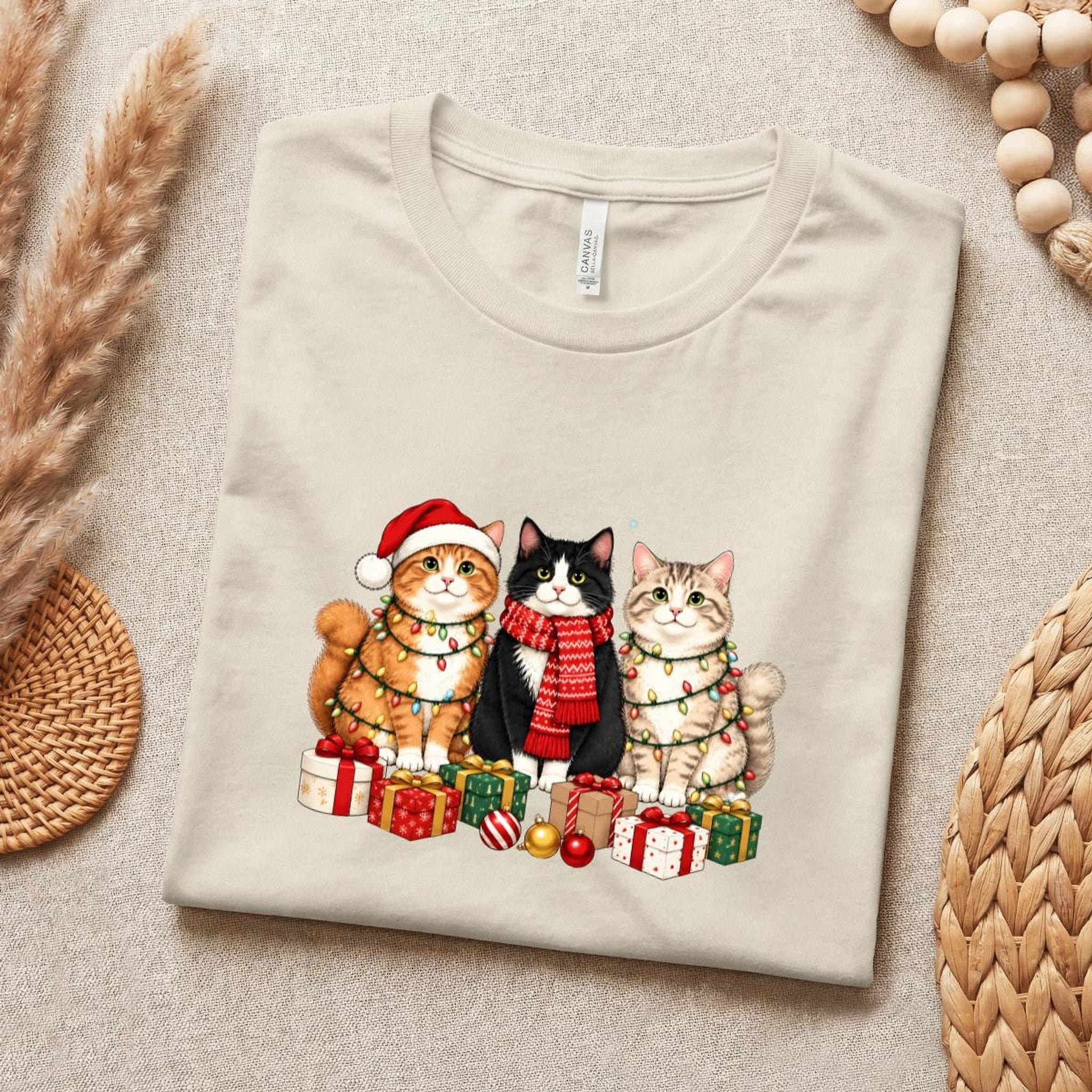 Christmas Cat Tee, 100% Airlume Cotton Three Cats Holiday Shirt, image 6