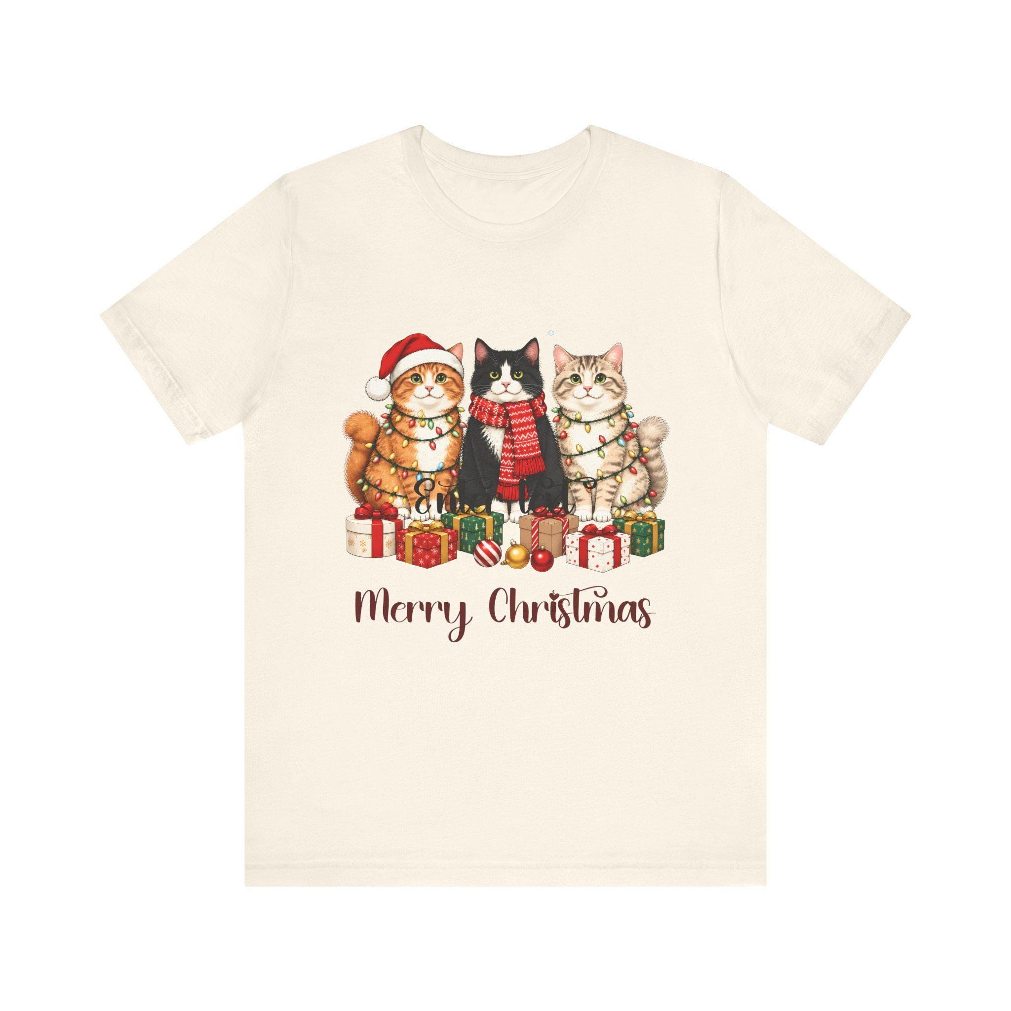Christmas Cat Tee, 100% Airlume Cotton Three Cats Holiday Shirt, image 8