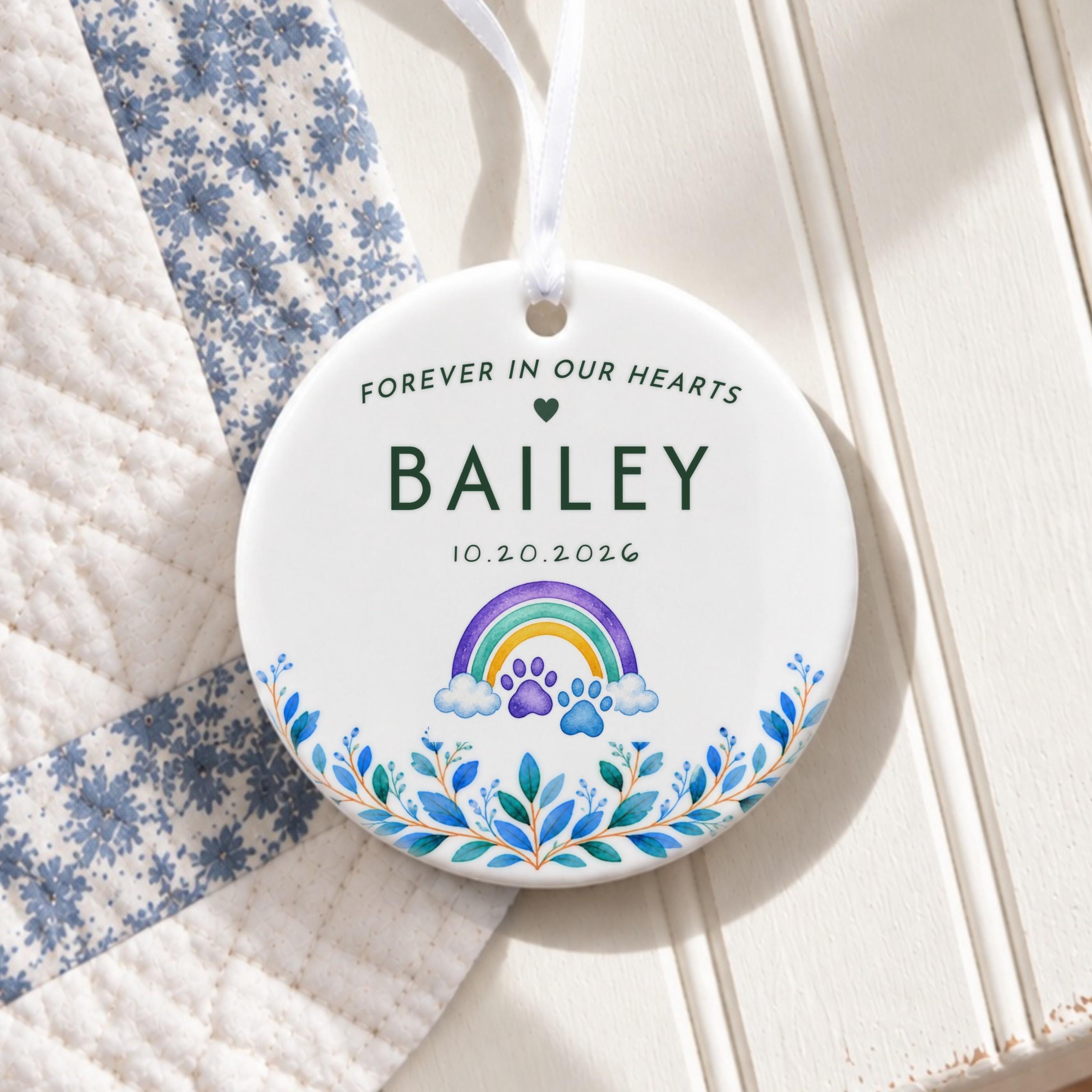 Pet Loss Ornament, Personalized Ceramic Heart With Rainbow Paw Prints