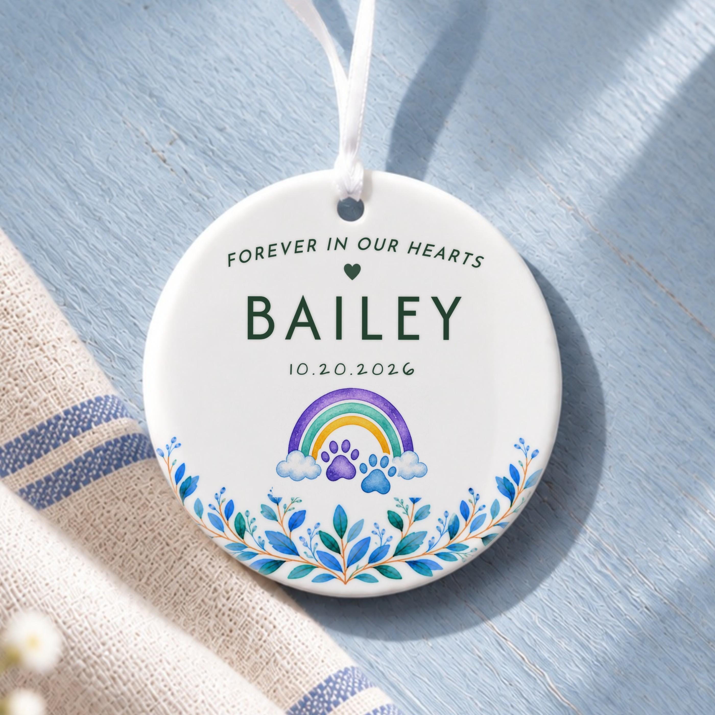 Pet Loss Ornament, Personalized Ceramic Heart With Rainbow Paw Prints, image 10