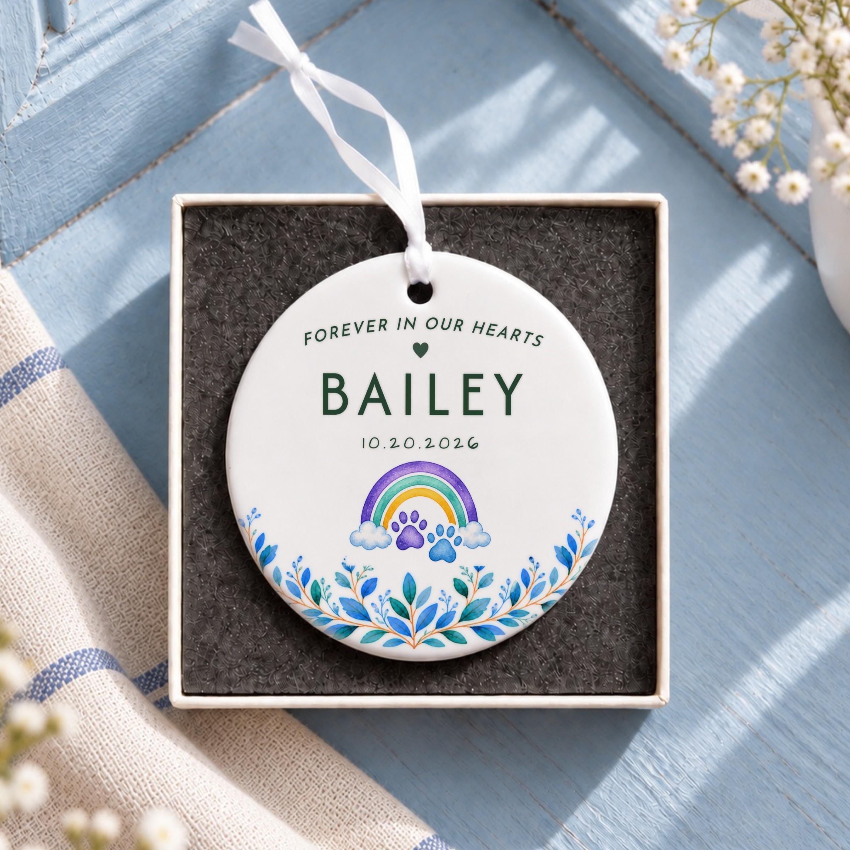 Pet Loss Ornament, Personalized Ceramic Heart With Rainbow Paw Prints, image 11