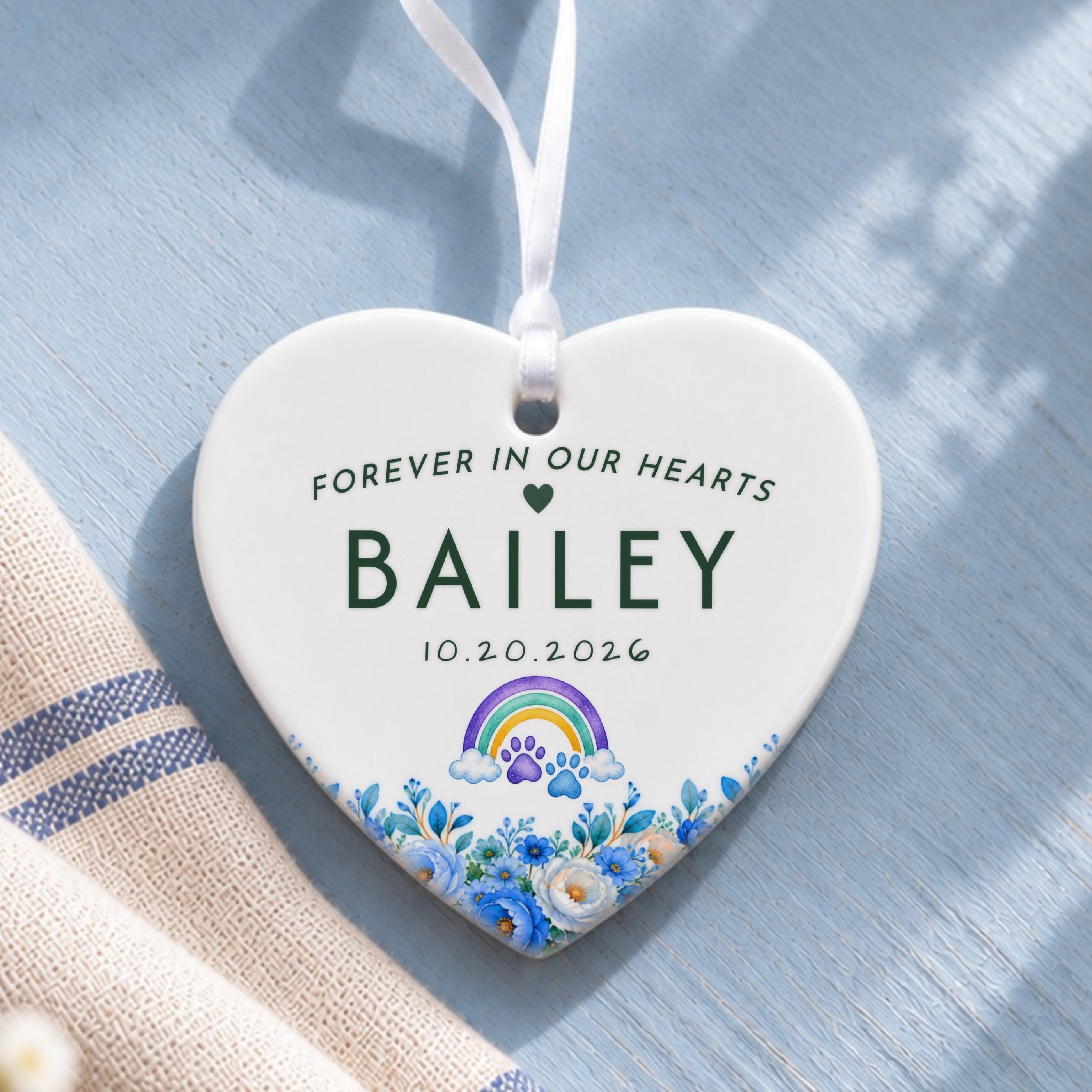 Pet Loss Ornament, Personalized Ceramic Heart With Rainbow Paw Prints, image 12