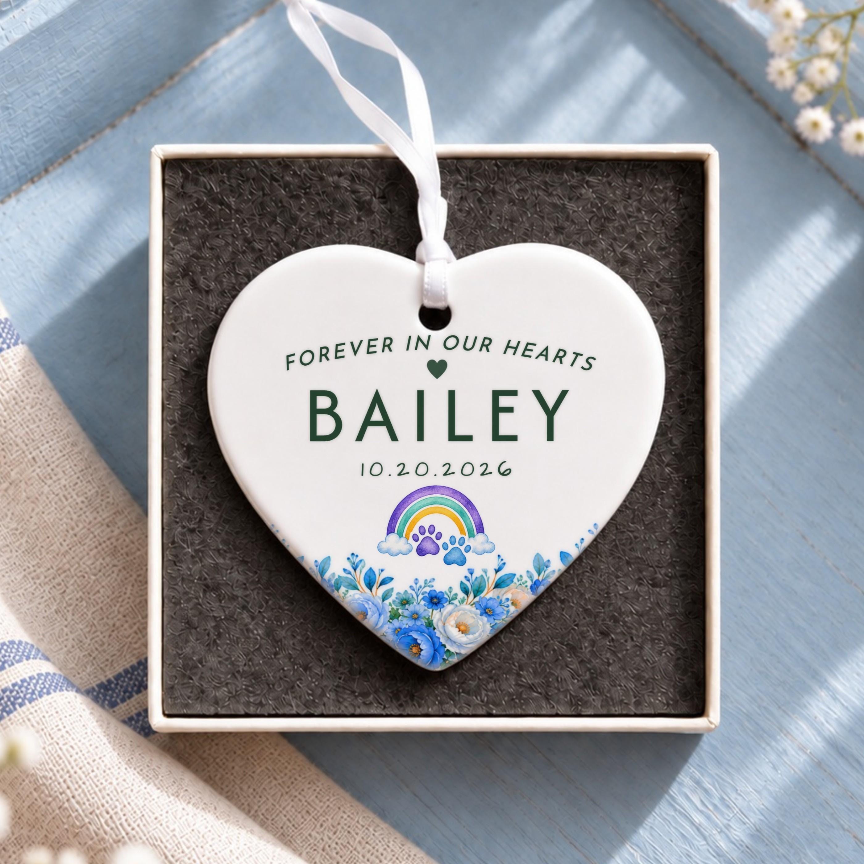 Pet Loss Ornament, Personalized Ceramic Heart With Rainbow Paw Prints, image 13