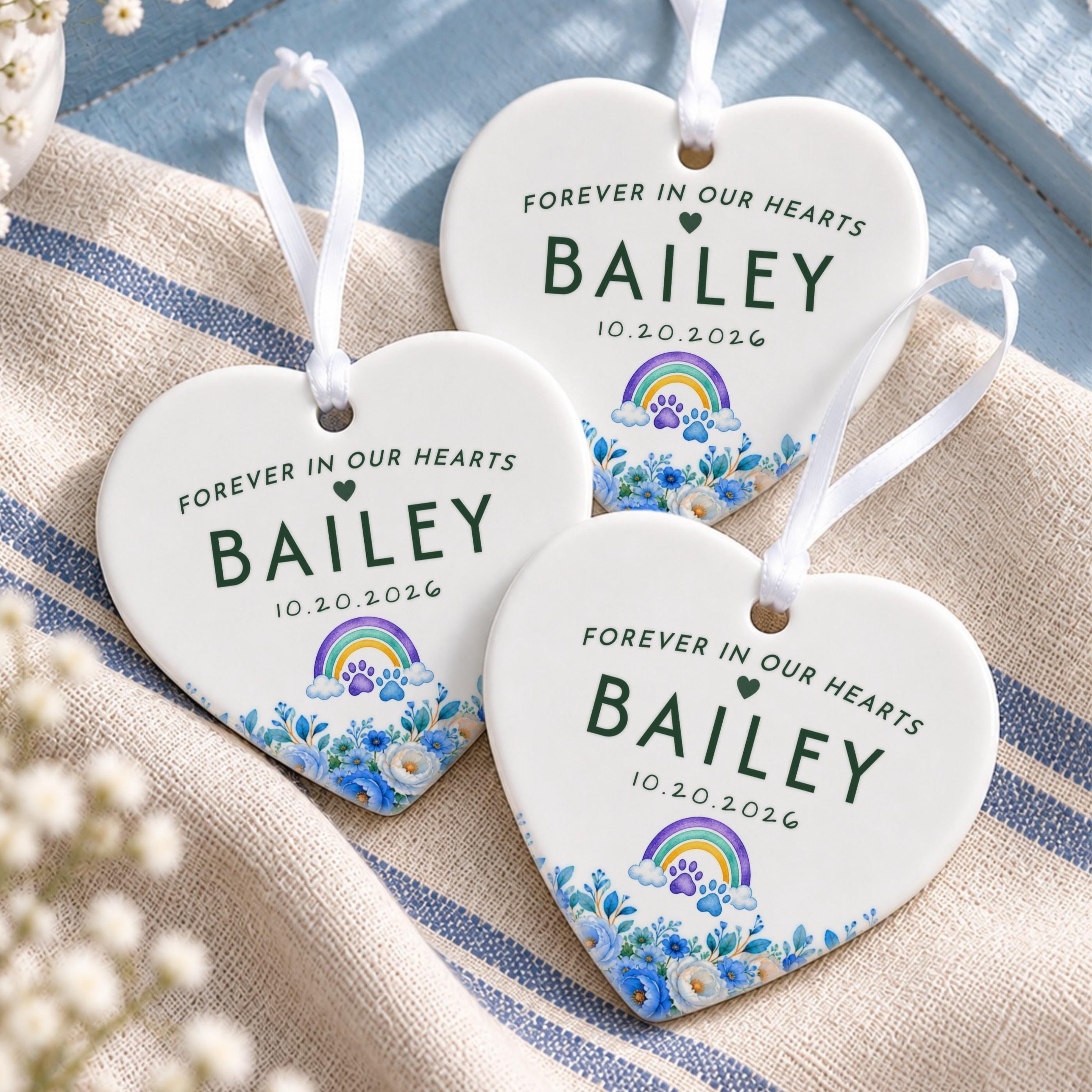 Pet Loss Ornament, Personalized Ceramic Heart With Rainbow Paw Prints, image 15