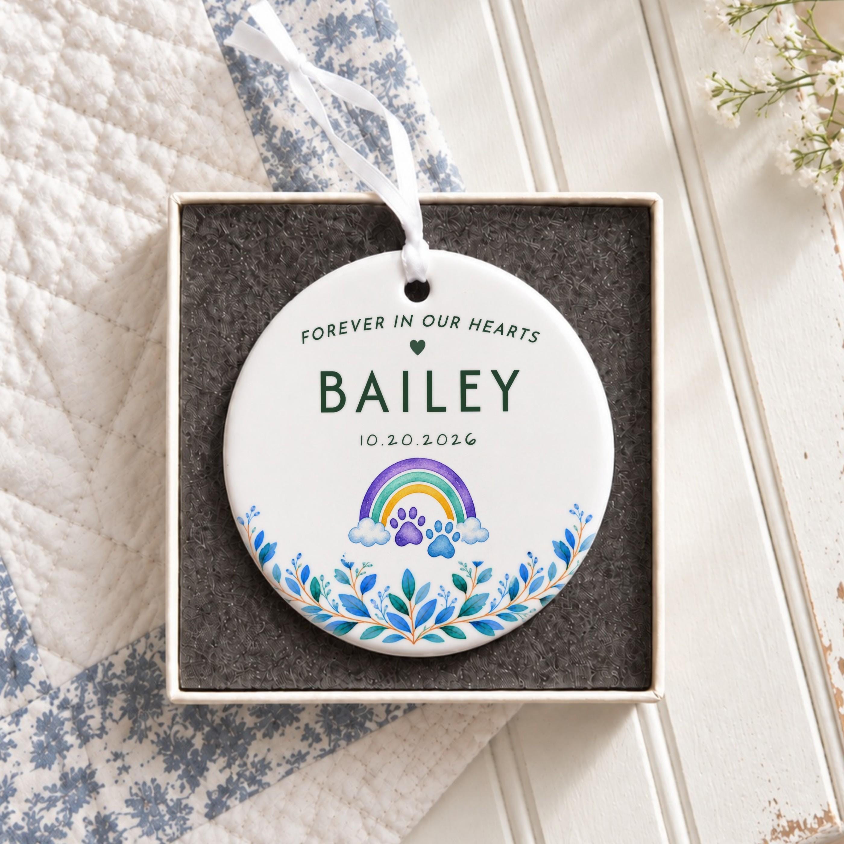 Pet Loss Ornament, Personalized Ceramic Heart With Rainbow Paw Prints, image 2