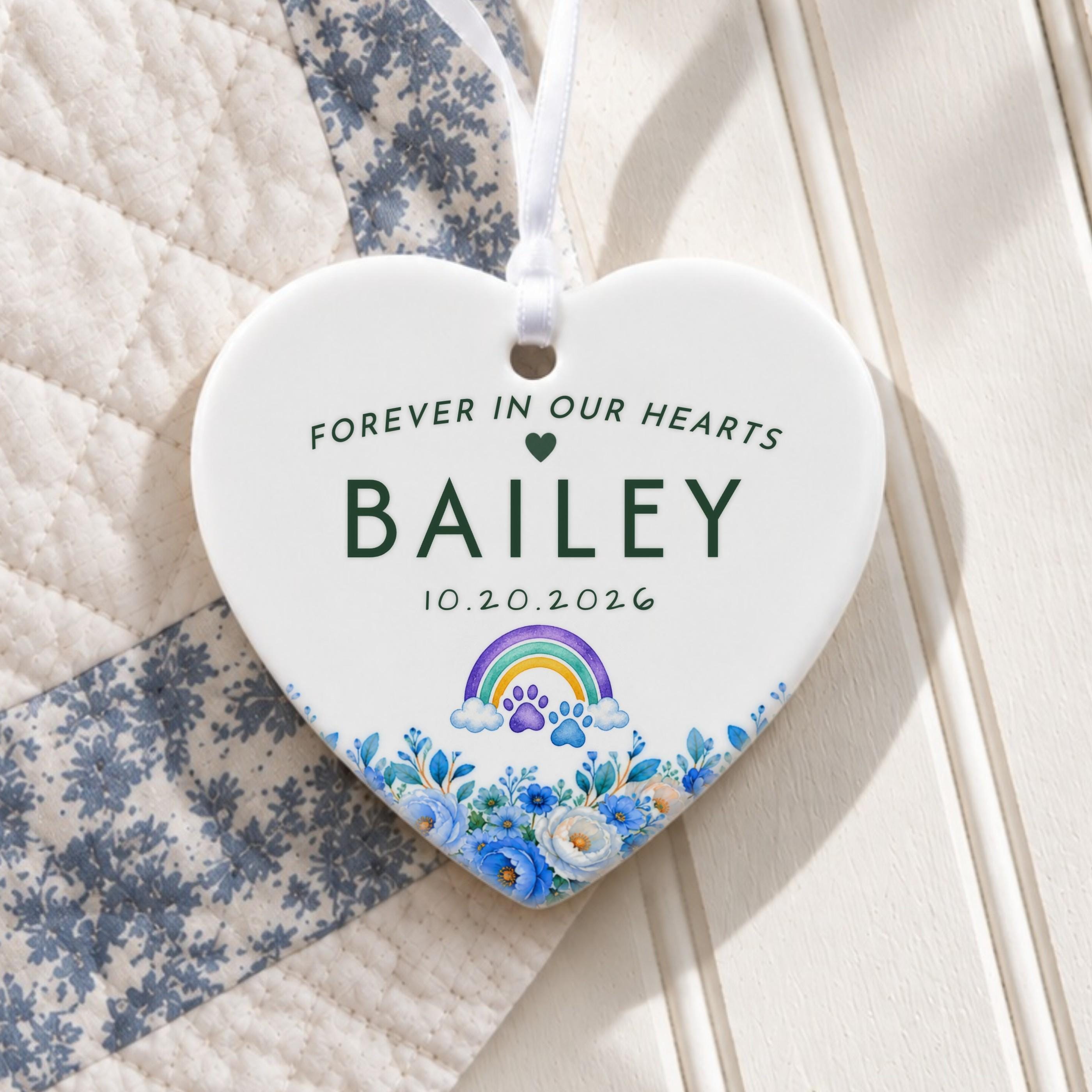 Pet Loss Ornament, Personalized Ceramic Heart With Rainbow Paw Prints, image 3