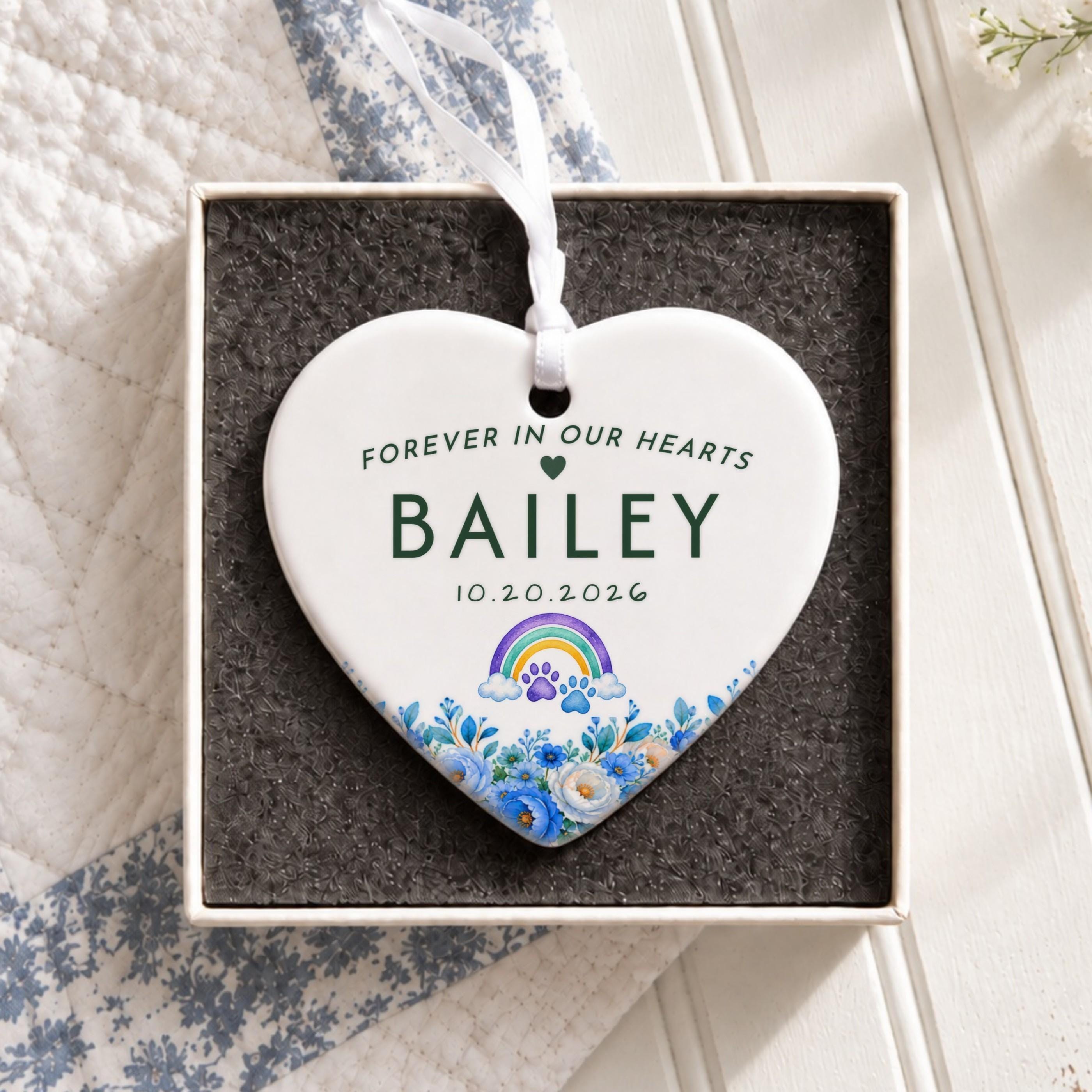 Pet Loss Ornament, Personalized Ceramic Heart With Rainbow Paw Prints, image 4