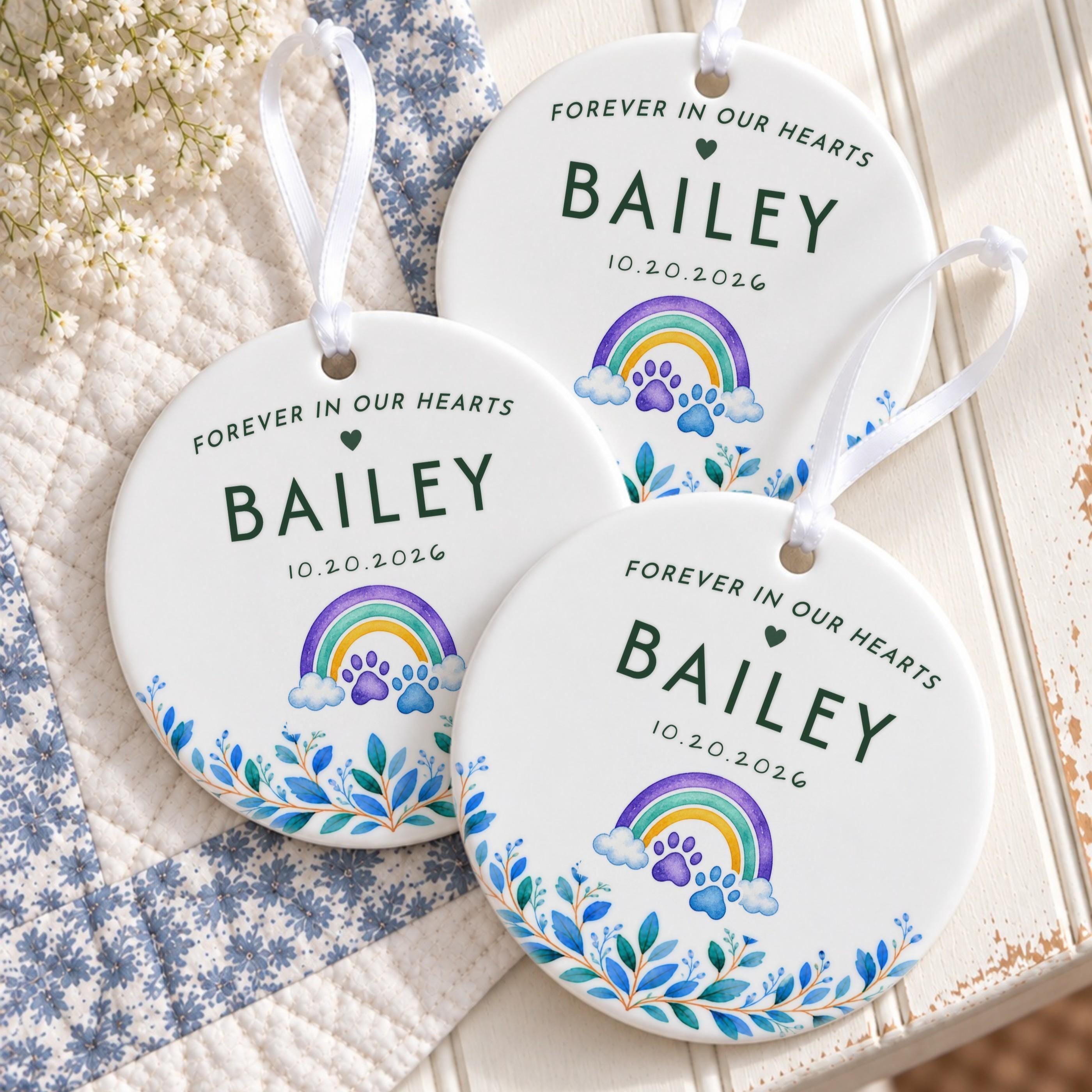 Pet Loss Ornament, Personalized Ceramic Heart With Rainbow Paw Prints, image 5