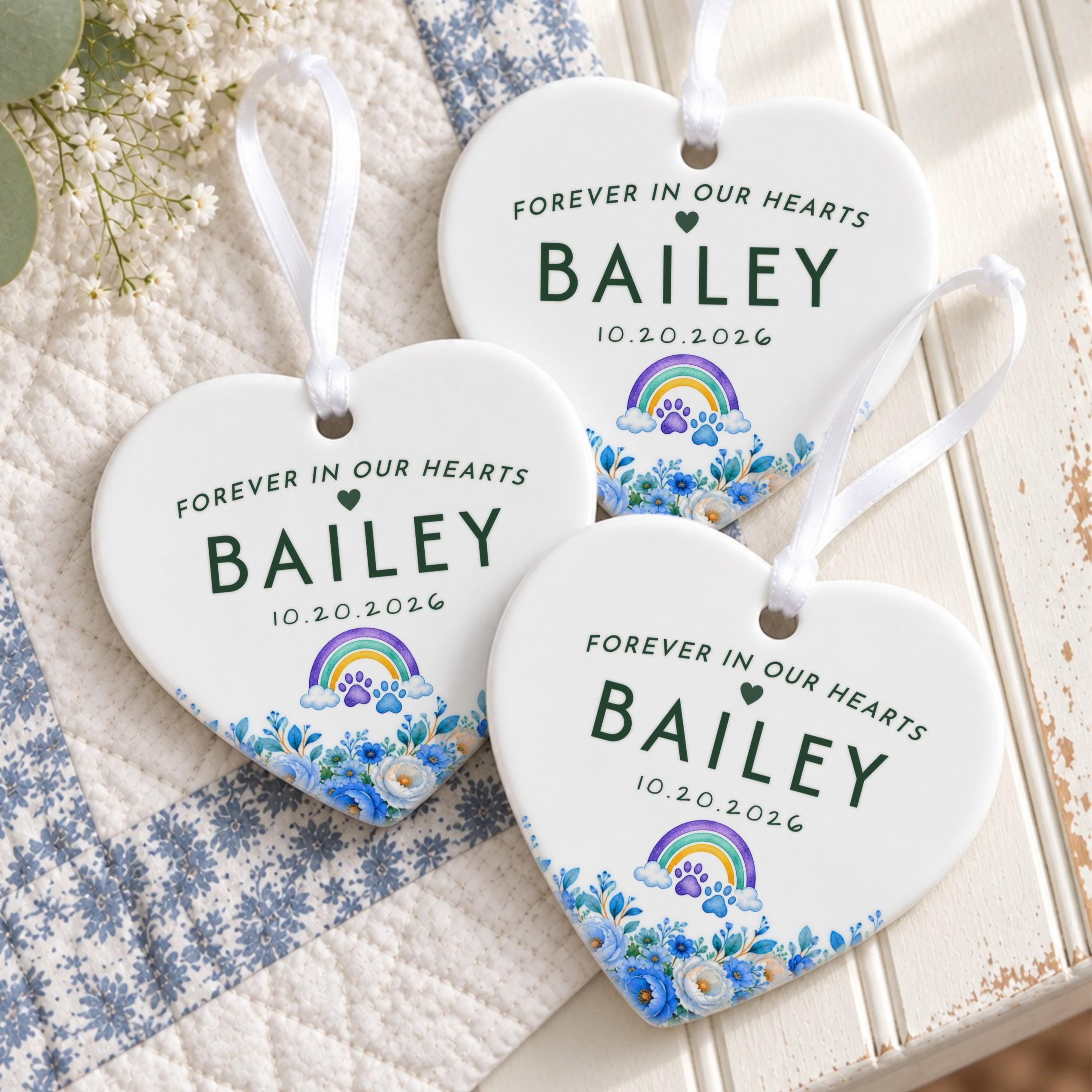 Pet Loss Ornament, Personalized Ceramic Heart With Rainbow Paw Prints, image 6