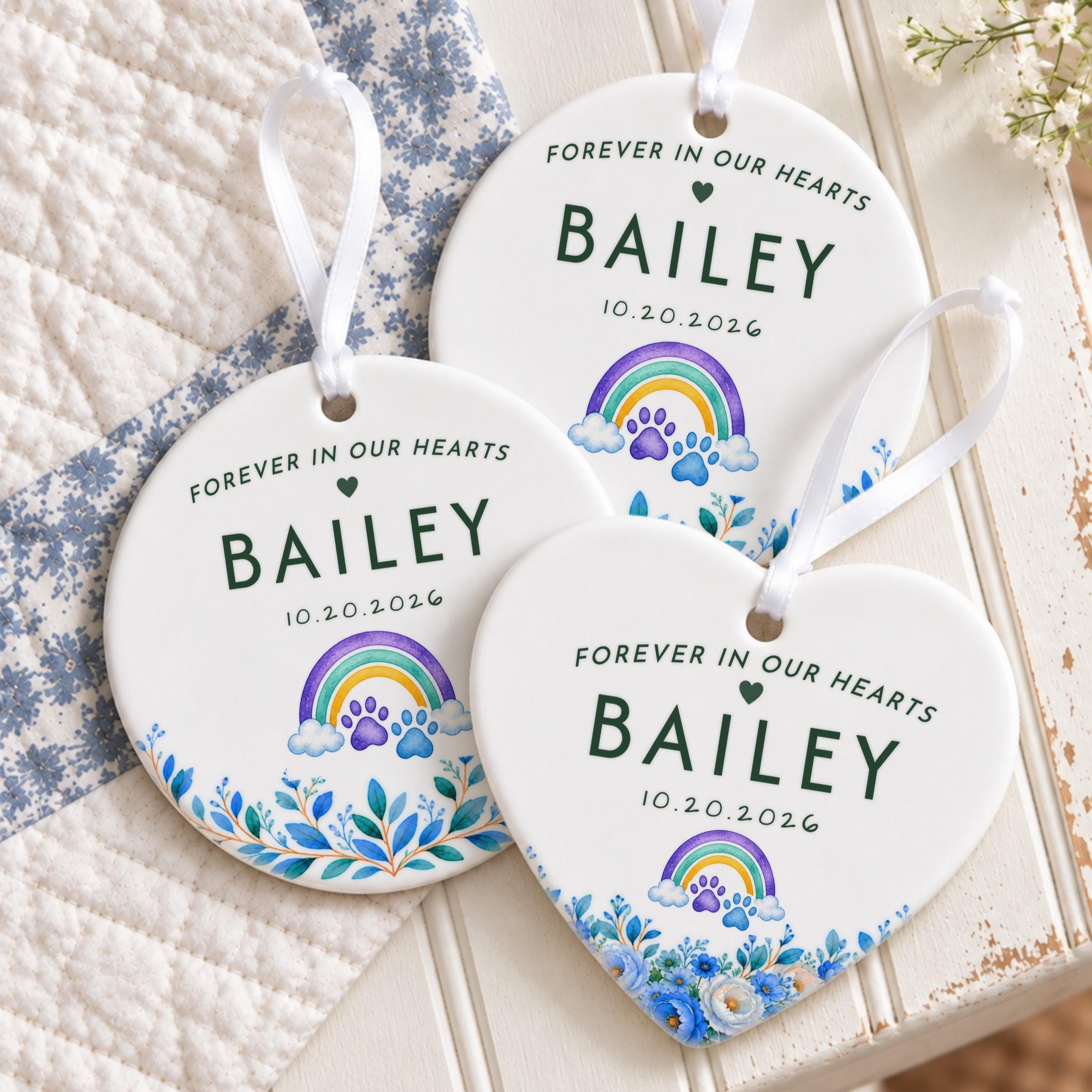 Pet Loss Ornament, Personalized Ceramic Heart With Rainbow Paw Prints, image 8