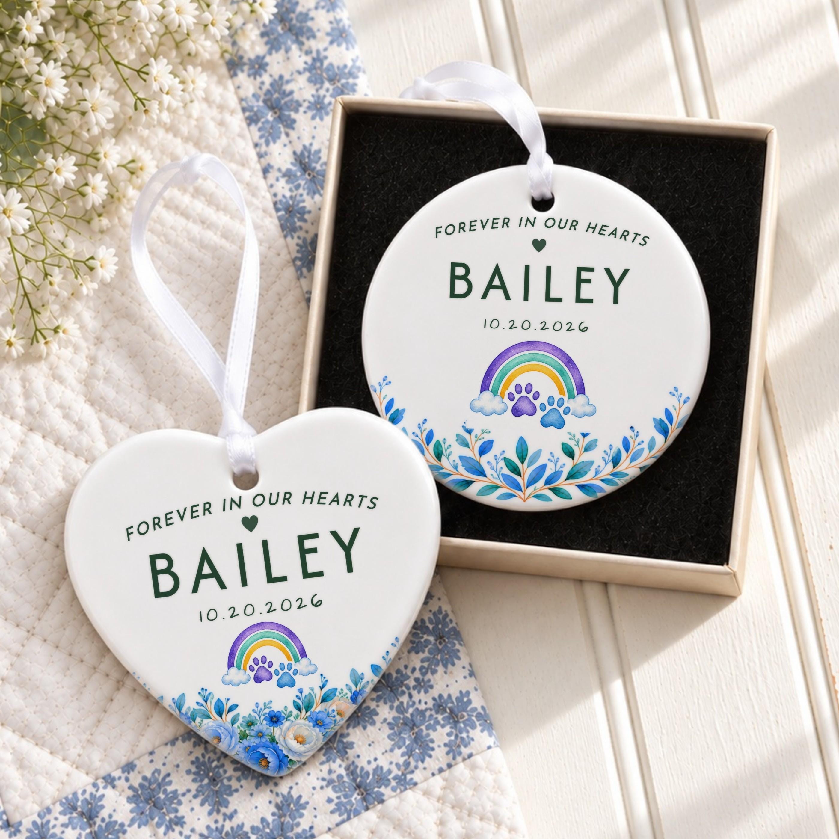 Pet Loss Ornament, Personalized Ceramic Heart With Rainbow Paw Prints, image 9