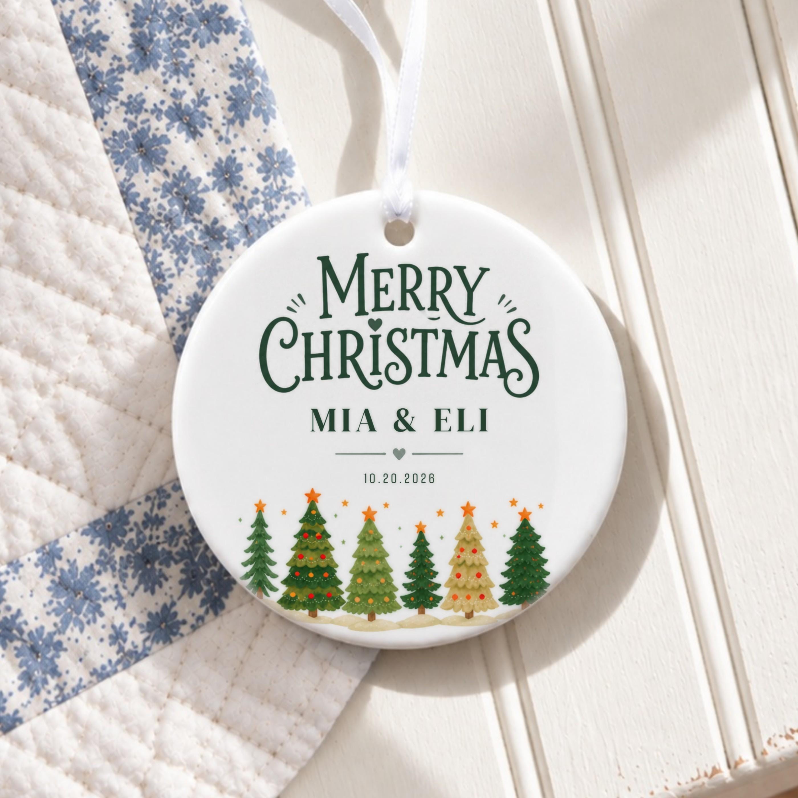Couples Ornament, Personalized Ceramic Keepsake with Names and Date