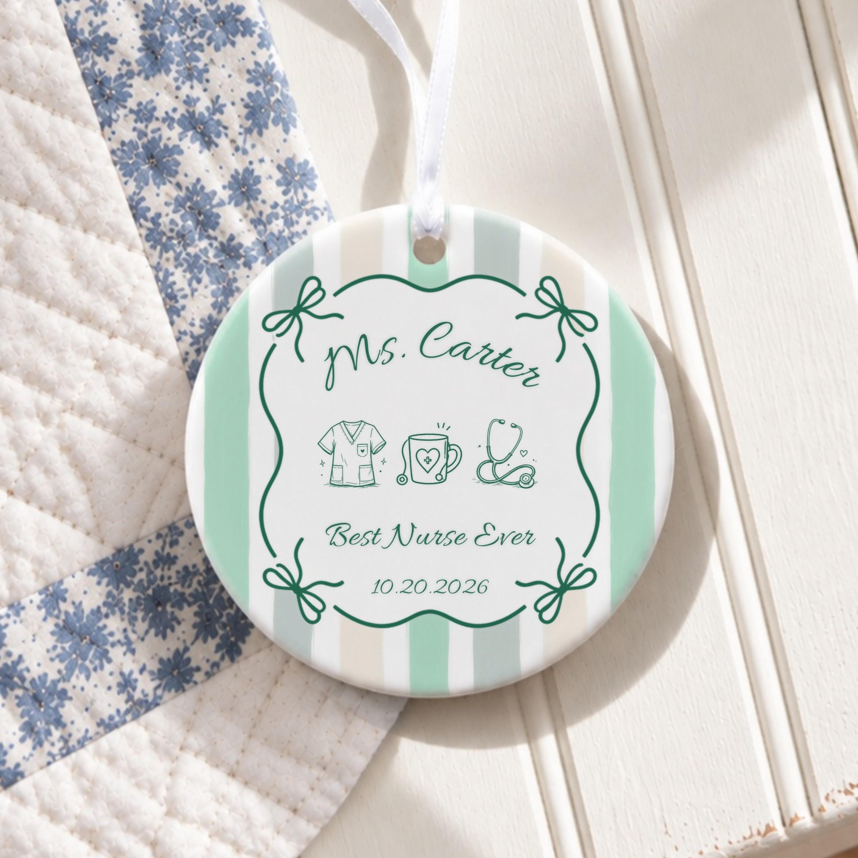 Nurse Ornament, Personalized Ceramic Keepsake With White Ribbon
