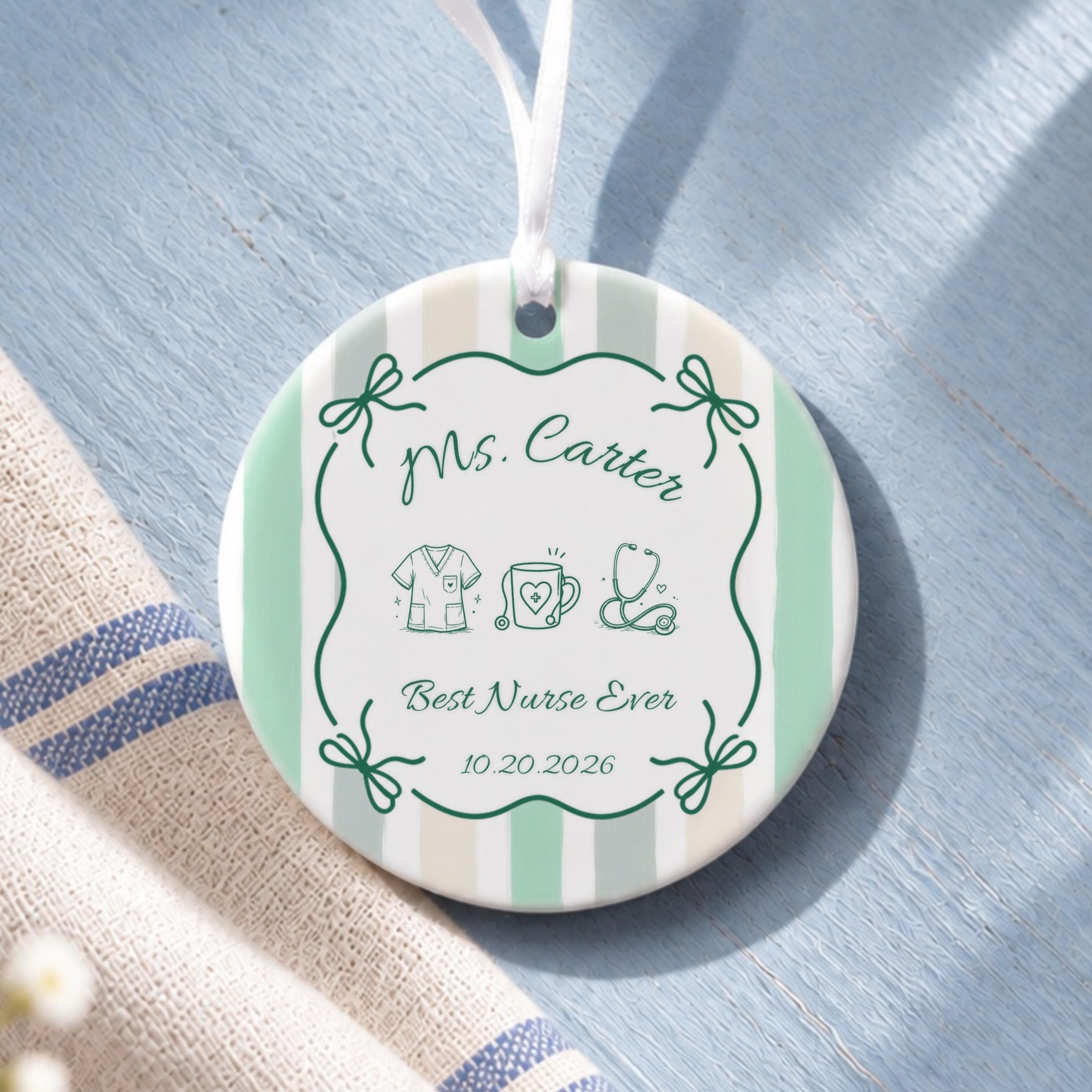 Nurse Ornament, Personalized Ceramic Keepsake With White Ribbon, image 10