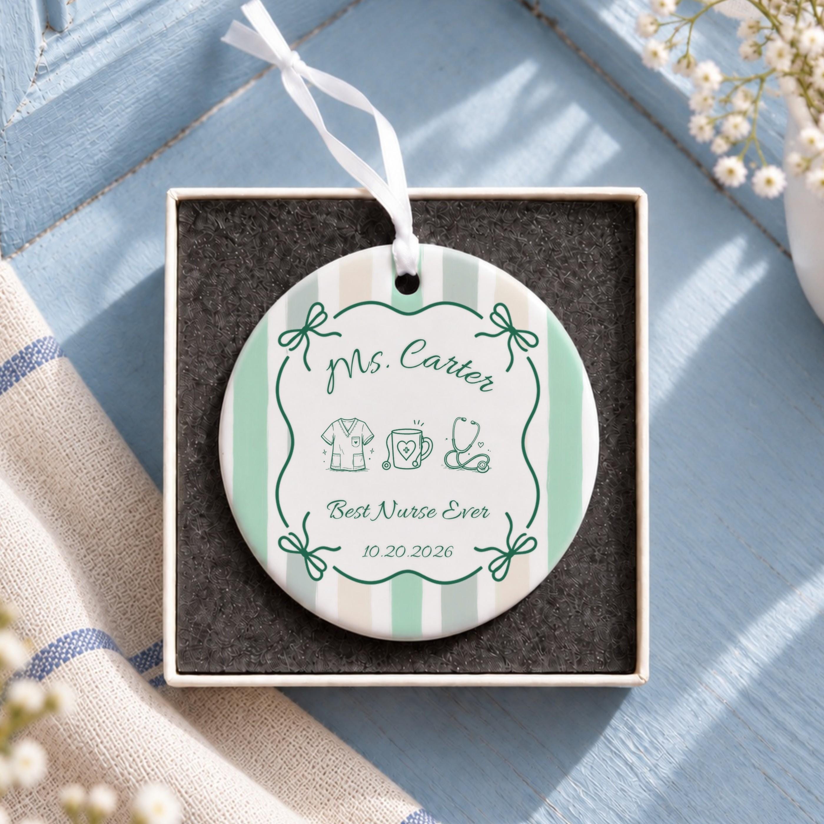 Nurse Ornament, Personalized Ceramic Keepsake With White Ribbon, image 11