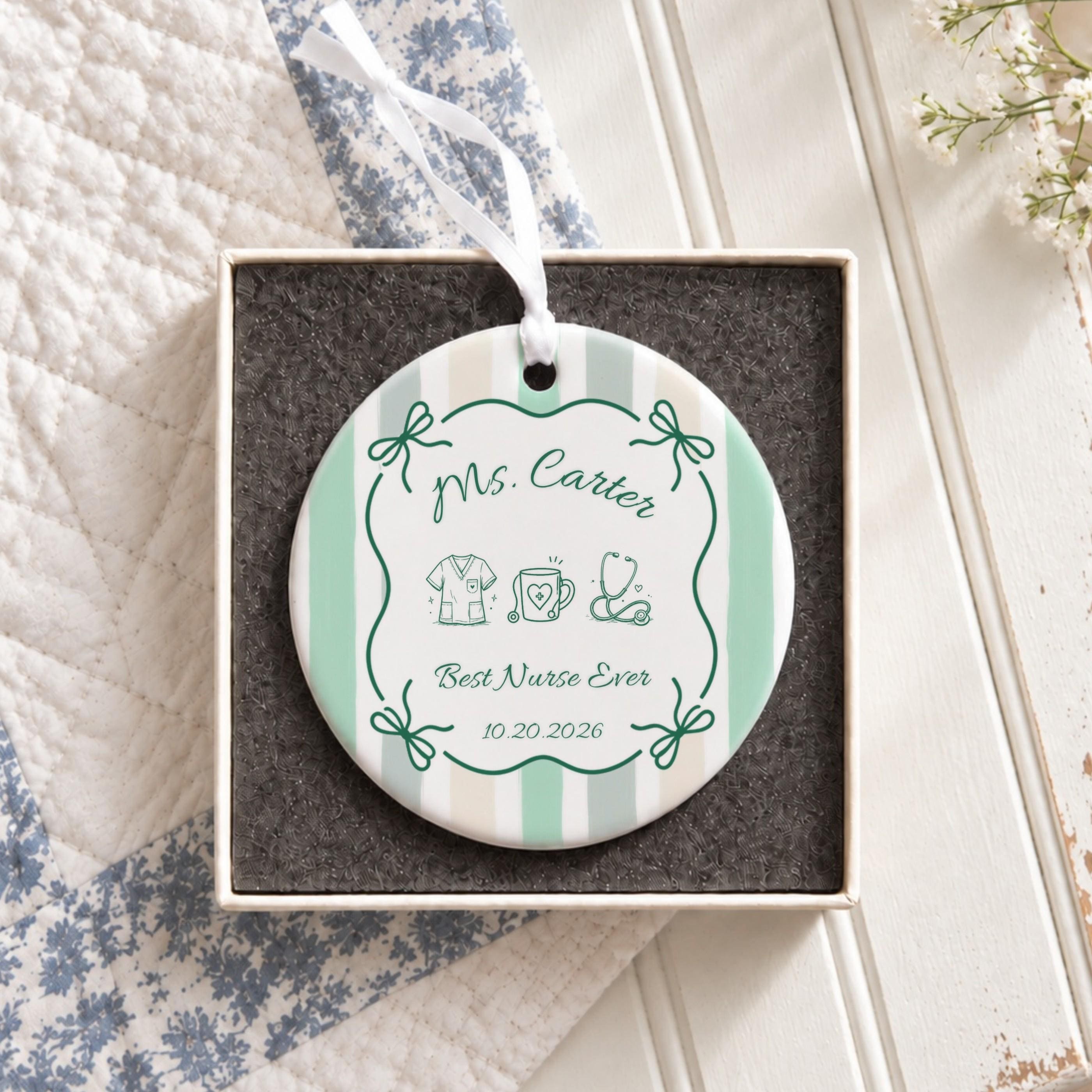 Nurse Ornament, Personalized Ceramic Keepsake With White Ribbon, image 2