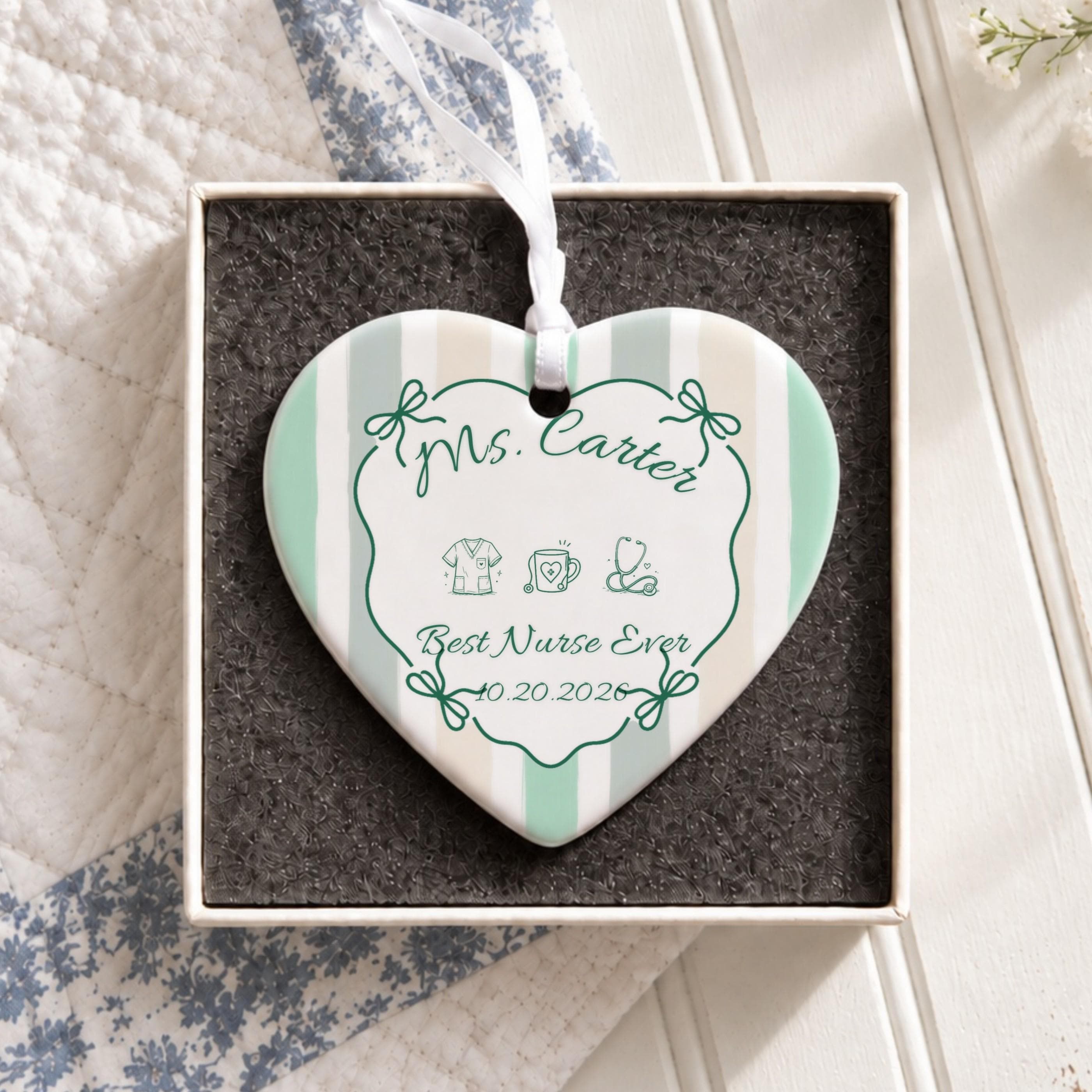 Nurse Ornament, Personalized Ceramic Keepsake With White Ribbon, image 4