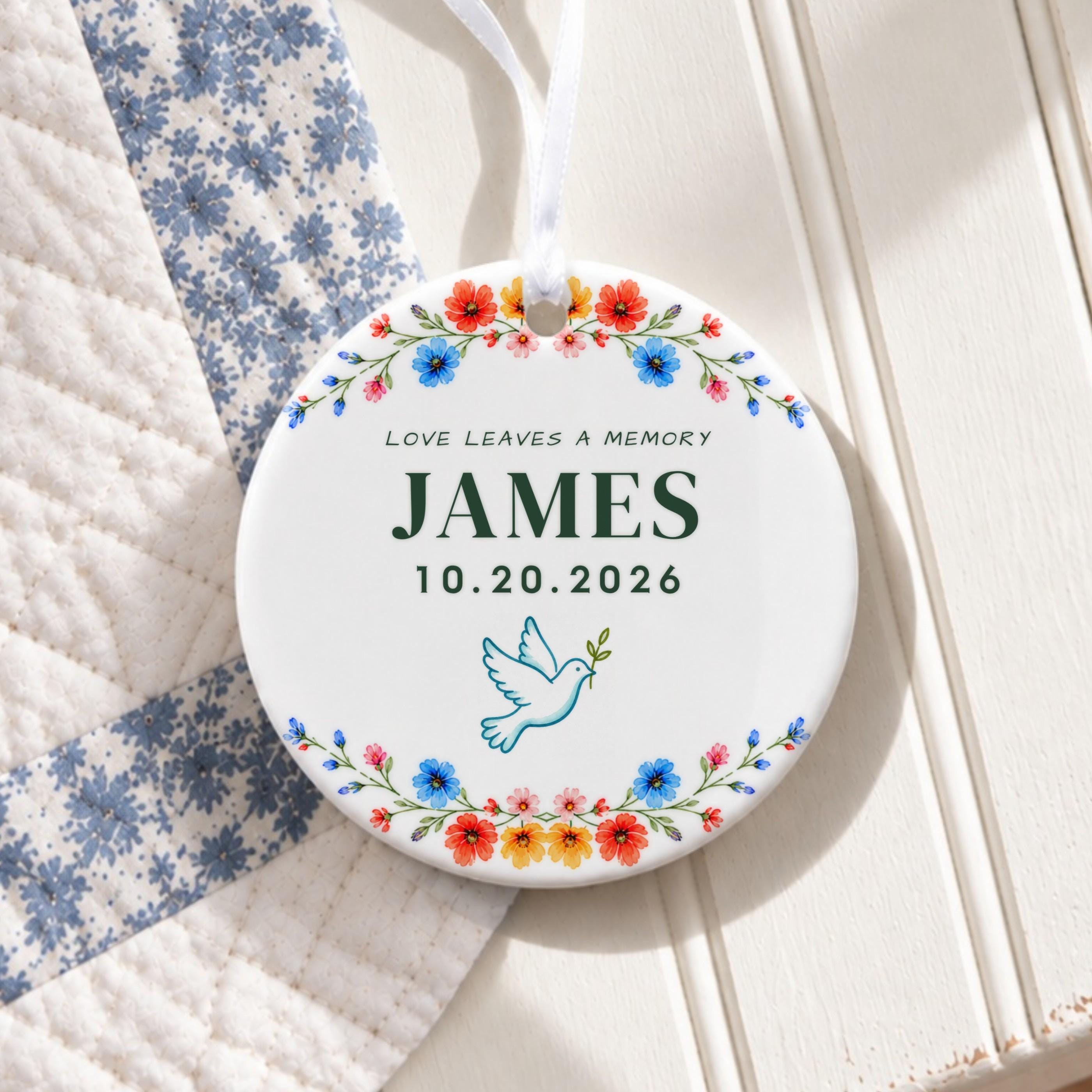 Memorial Ornament, Personalized Ceramic Keepsake With Floral Design