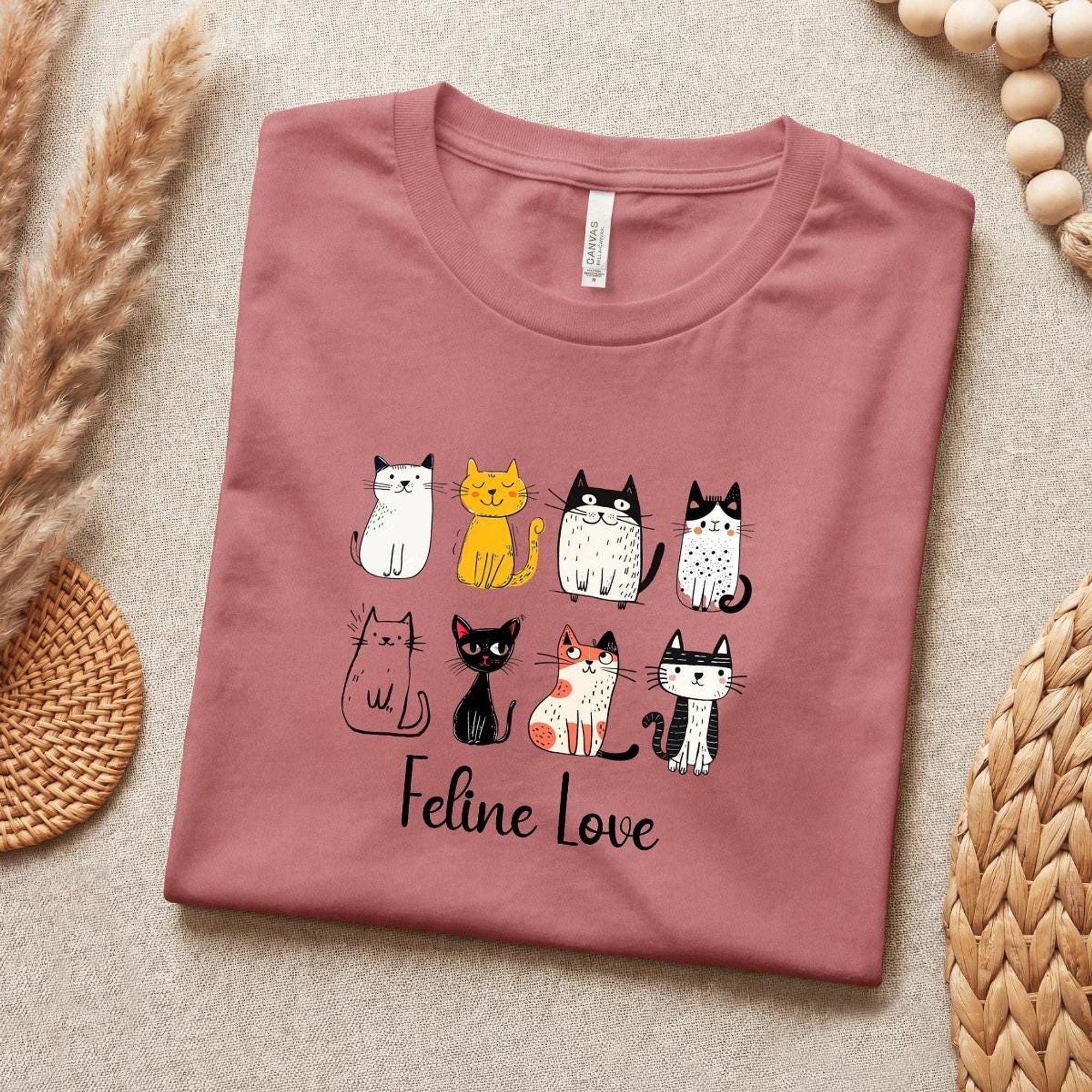 Cat Graphic Tee, 100% Cotton Bella + Canvas Shirt with Feline Love Cats, image 10