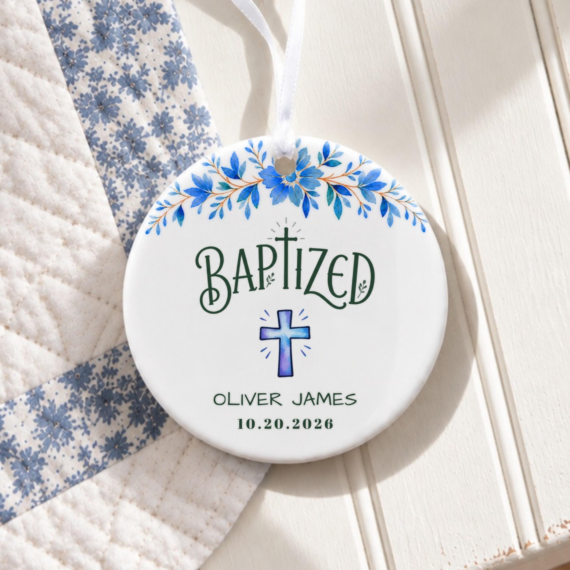 Baptism Ornament, Personalized Ceramic Keepsake With Blue Floral Cross, image 1
