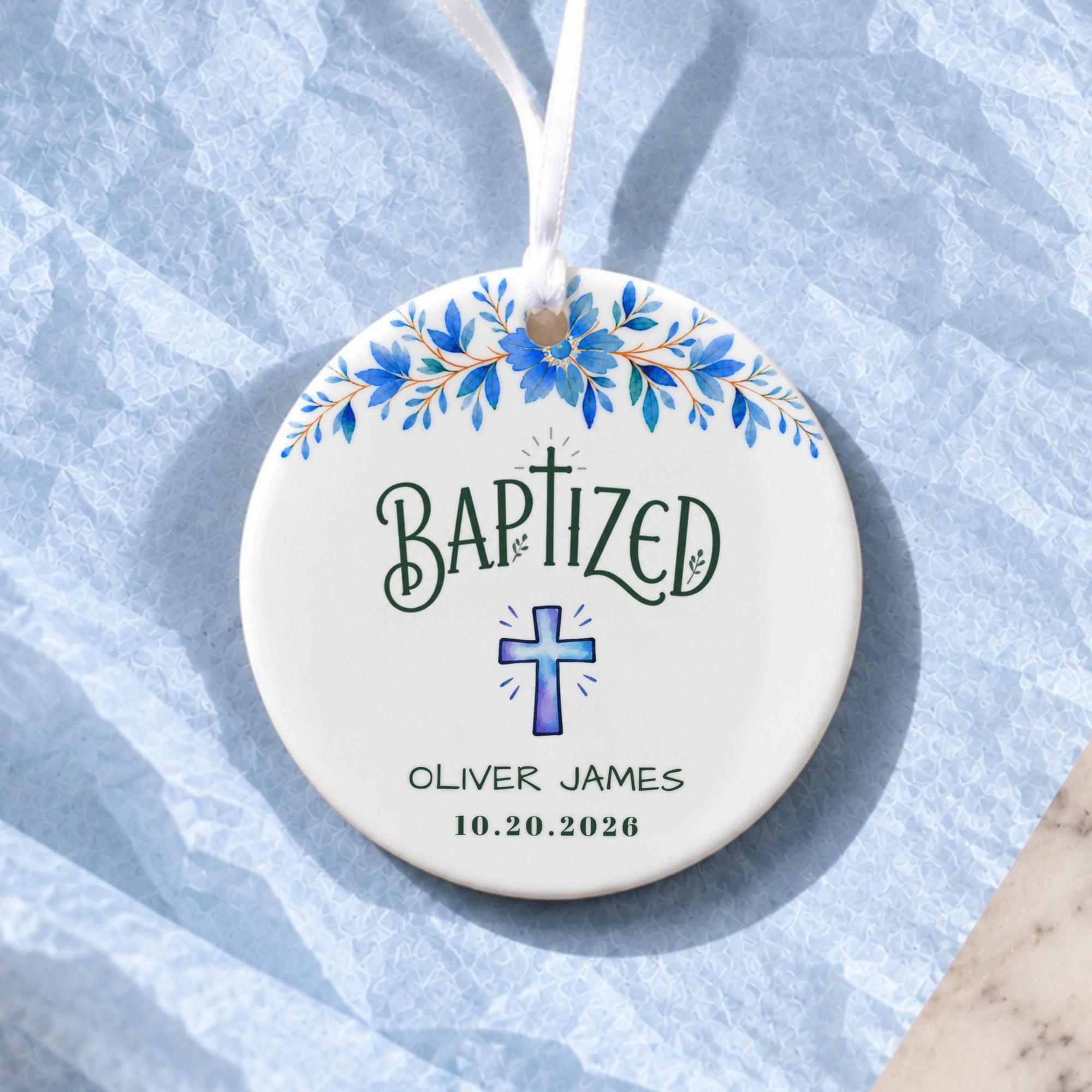 Baptism Ornament, Personalized Ceramic Keepsake With Blue Floral Cross, image 10