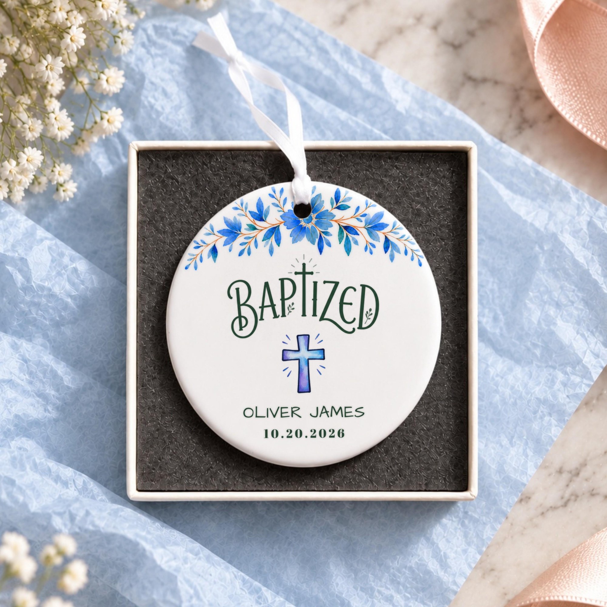 Baptism Ornament, Personalized Ceramic Keepsake With Blue Floral Cross, image 11