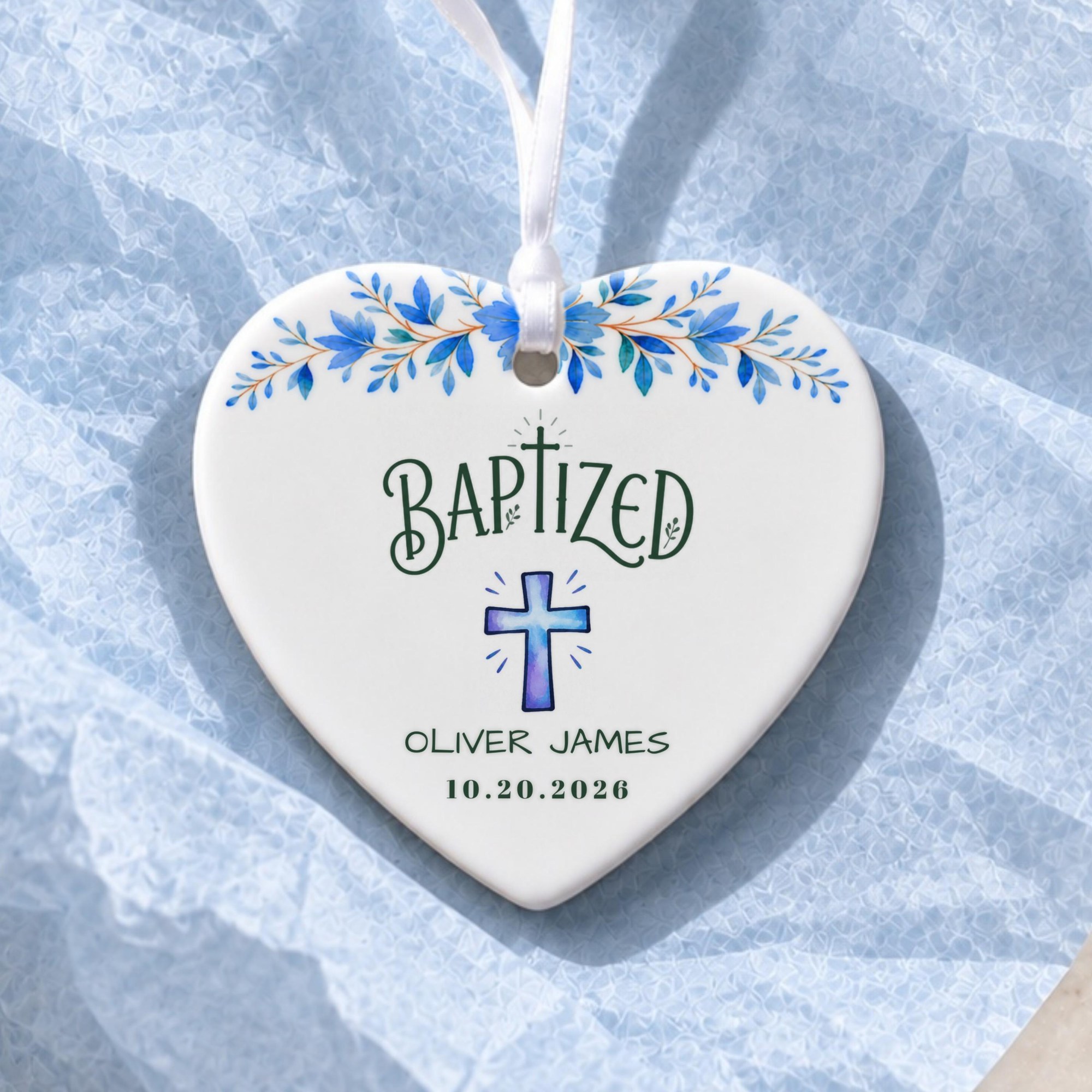 Baptism Ornament, Personalized Ceramic Keepsake With Blue Floral Cross, image 12