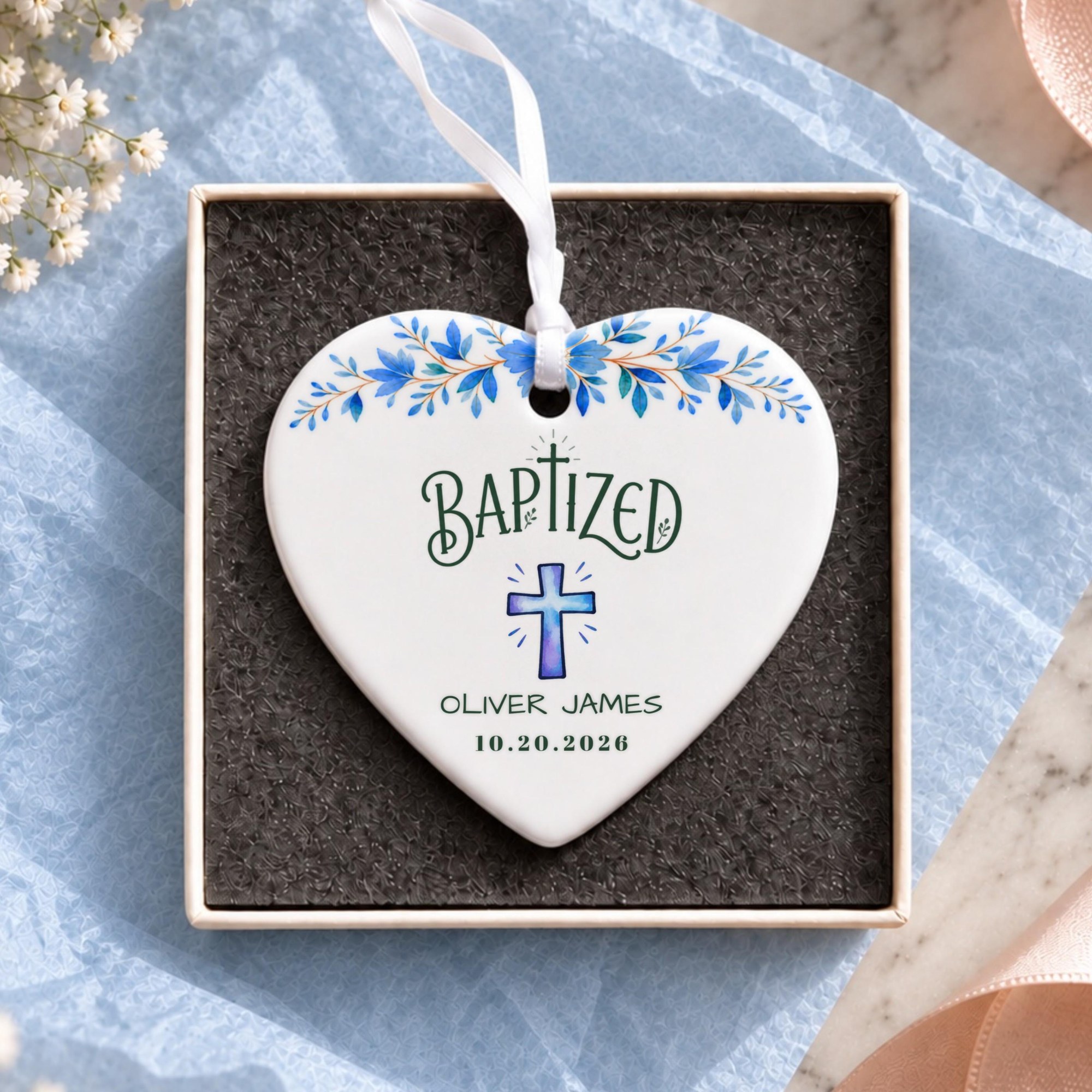Baptism Ornament, Personalized Ceramic Keepsake With Blue Floral Cross, image 13