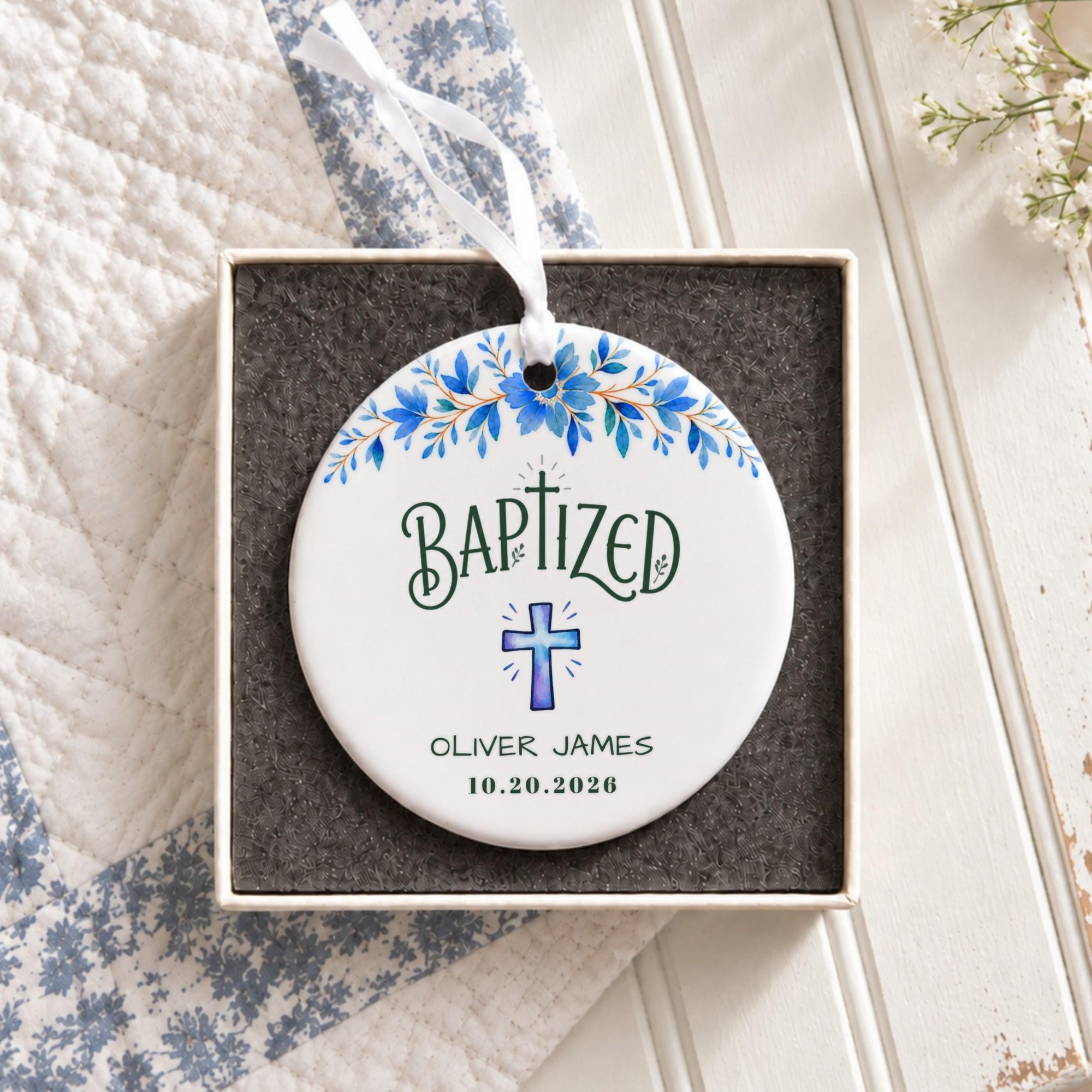 Baptism Ornament, Personalized Ceramic Keepsake With Blue Floral Cross, image 2
