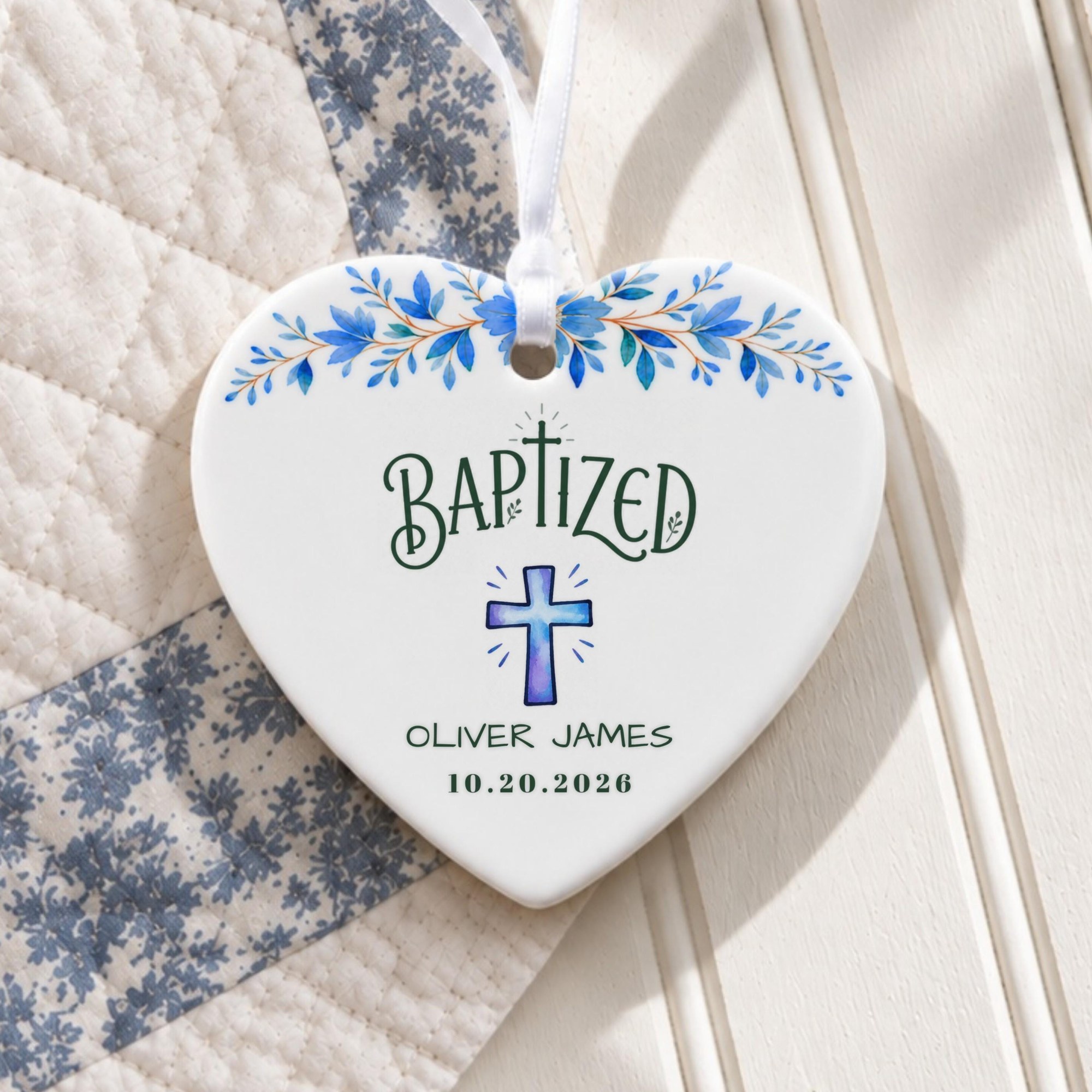 Baptism Ornament, Personalized Ceramic Keepsake With Blue Floral Cross, image 3