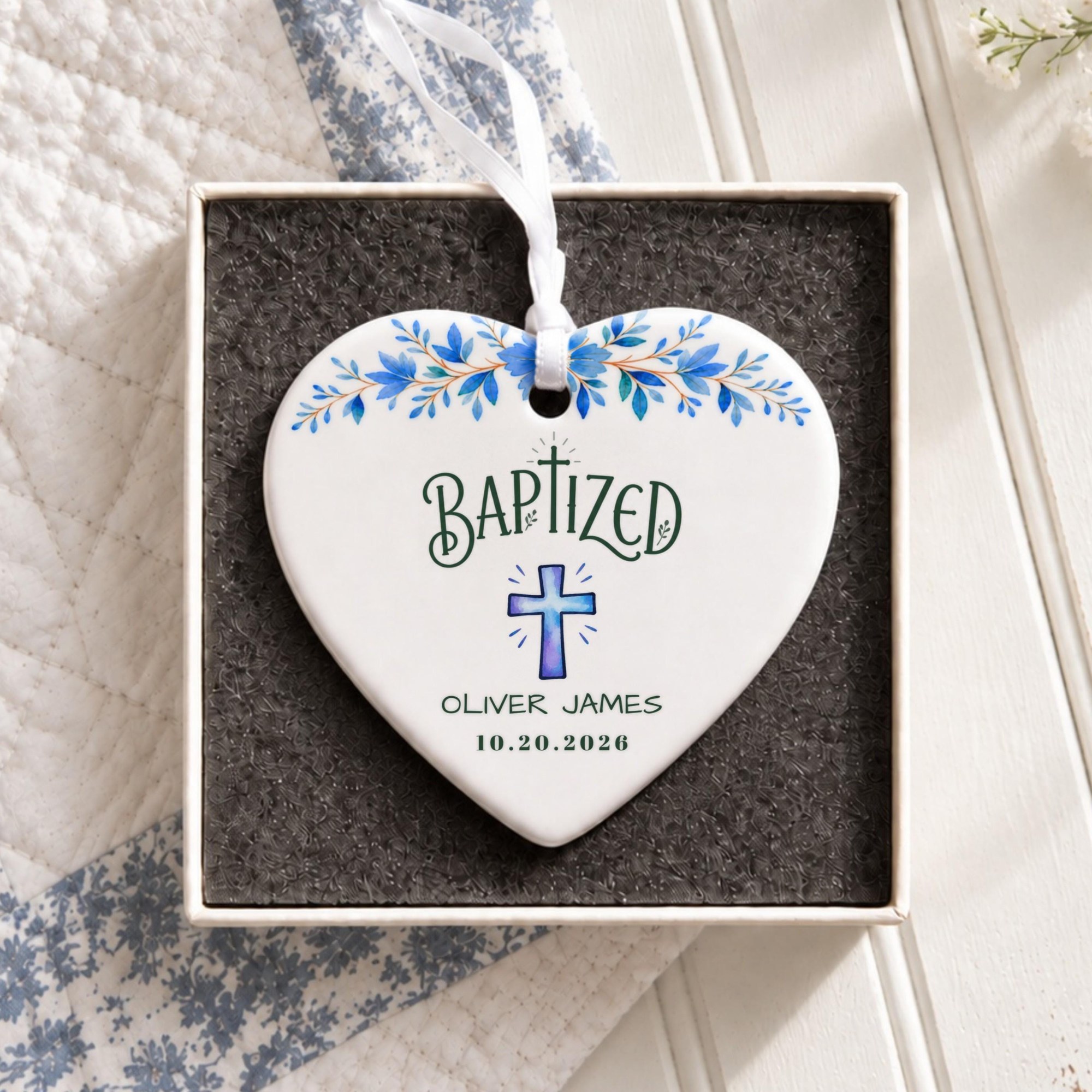 Baptism Ornament, Personalized Ceramic Keepsake With Blue Floral Cross, image 4